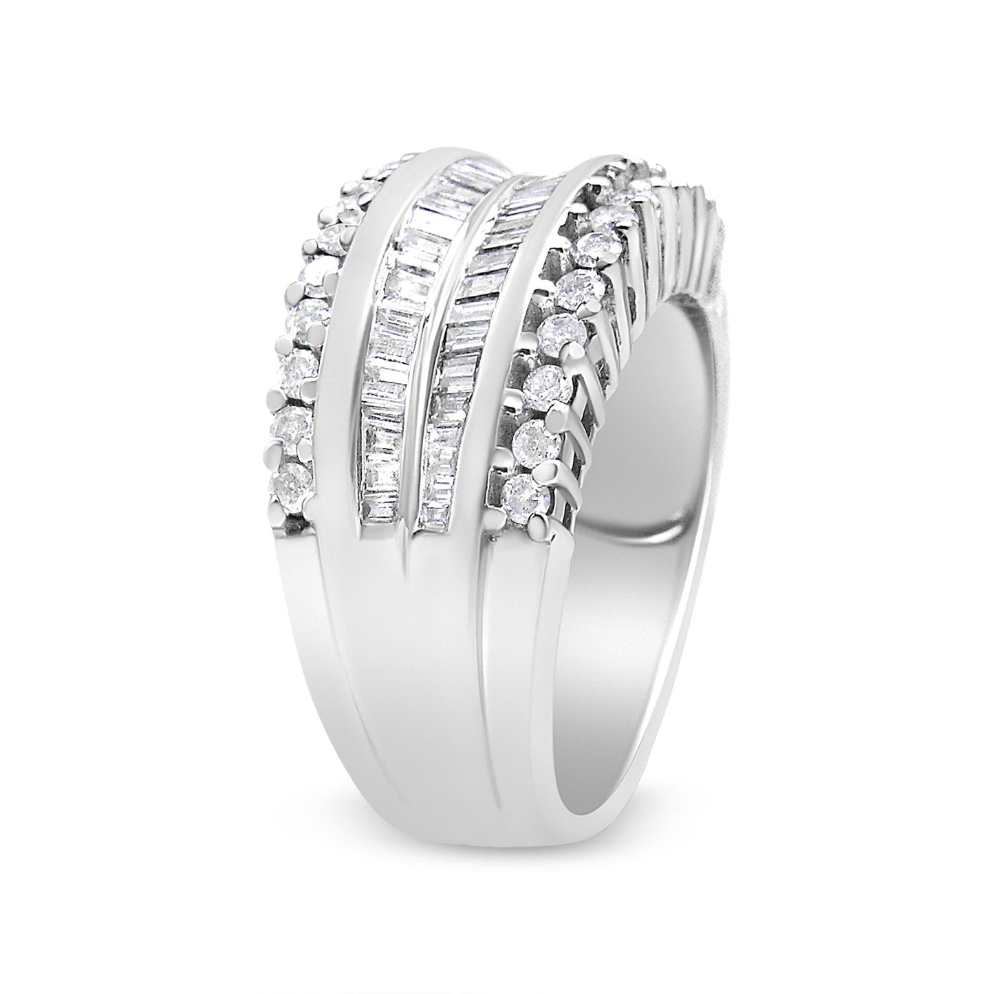 14K White Gold 1.00 Cttw Round and Baguette-Cut Diamond Modern Band Ring (H-I Color, SI2-I1 Clarity)-3