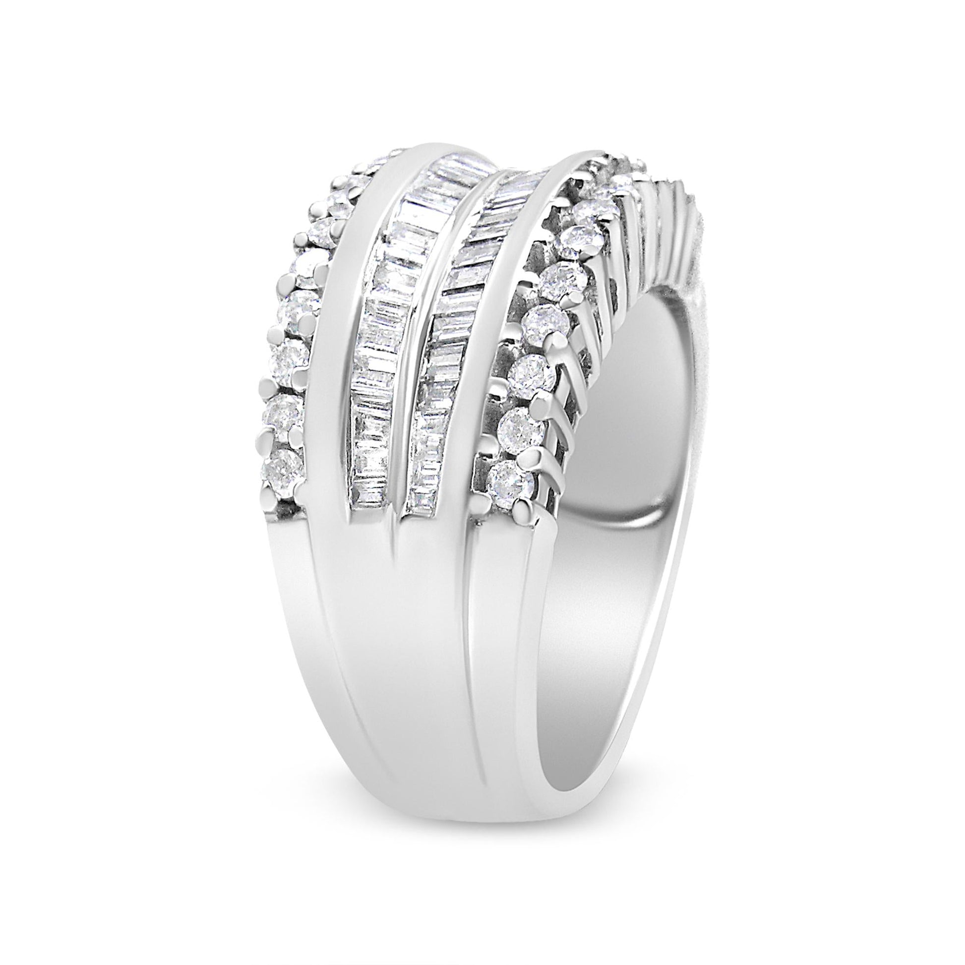 14K White Gold 1.00 Cttw Round and Baguette-Cut Diamond Modern Band Ring (H-I Color, SI2-I1 Clarity)-3