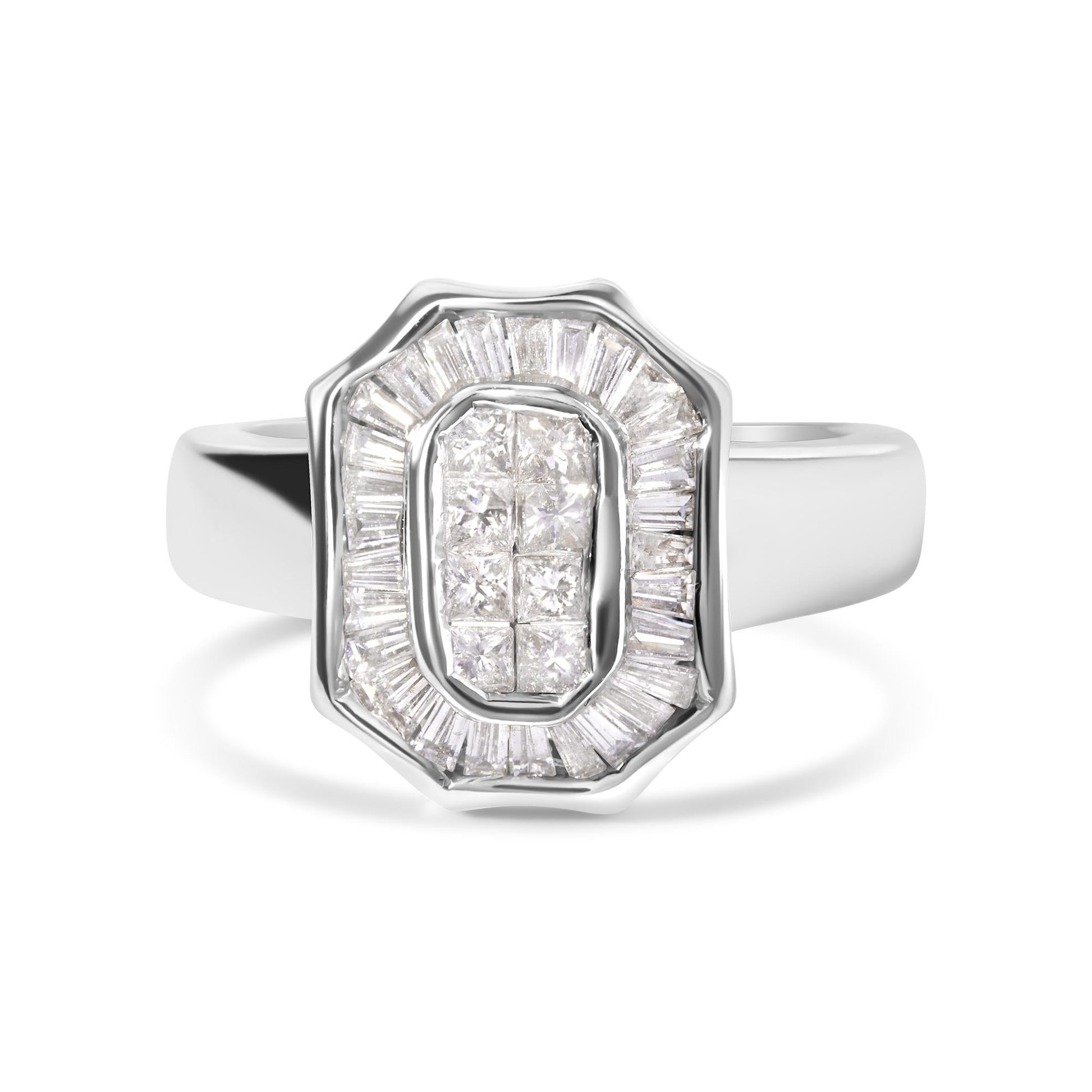 14K White Gold 1.00 Cttw Baguette and Princess-Cut Diamond Cocktail Art Deco Style Ring (H-I Color, SI1-SI2 Clarity)-4