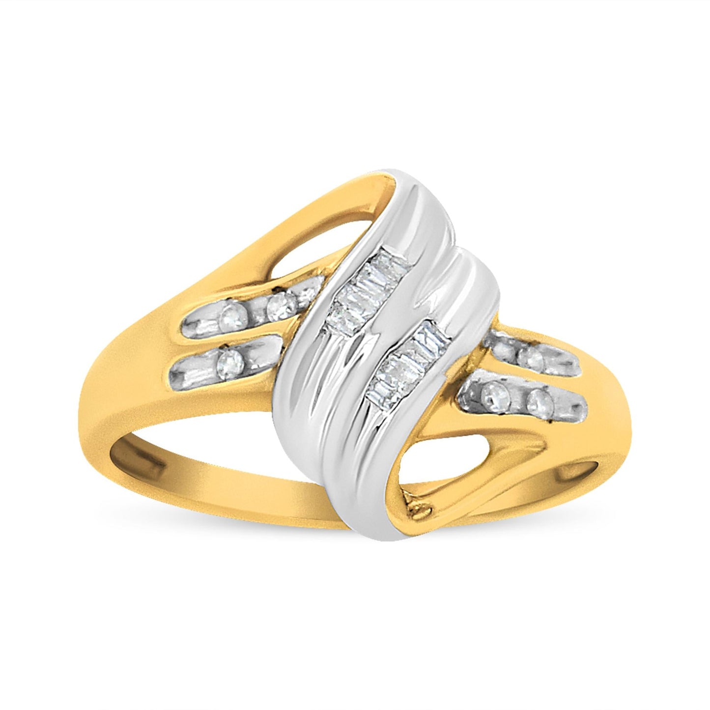 10K Yellow and White Gold 1.00 Cttw Round And Baguette-Cut Diamond Accent Bypass Ring (H-I Color, I2-I3 Clarity)-3