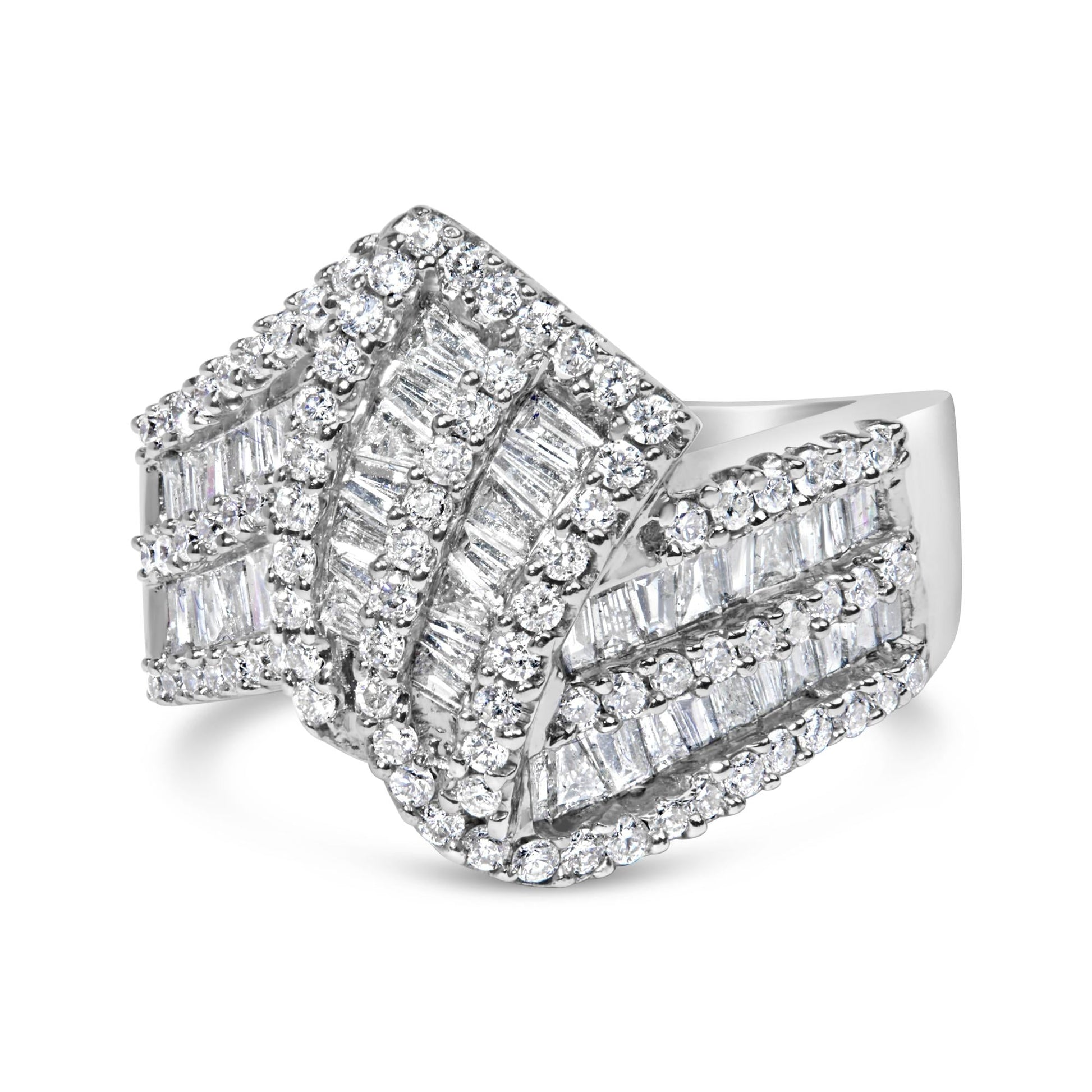 14K White Gold 1-1/2 Cttw Round and Baguette Diamond Bypass Cocktail Ring Band (H-I Color, SI1-SI2 Clarity)-0