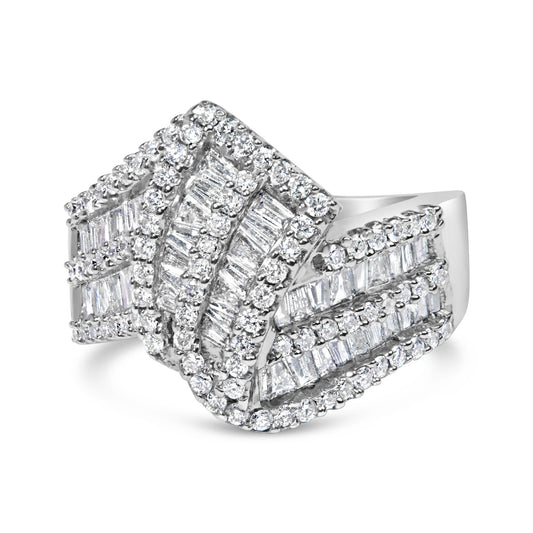 14K White Gold 1-1/2 Cttw Round and Baguette Diamond Bypass Cocktail Ring Band (H-I Color, SI1-SI2 Clarity)-0