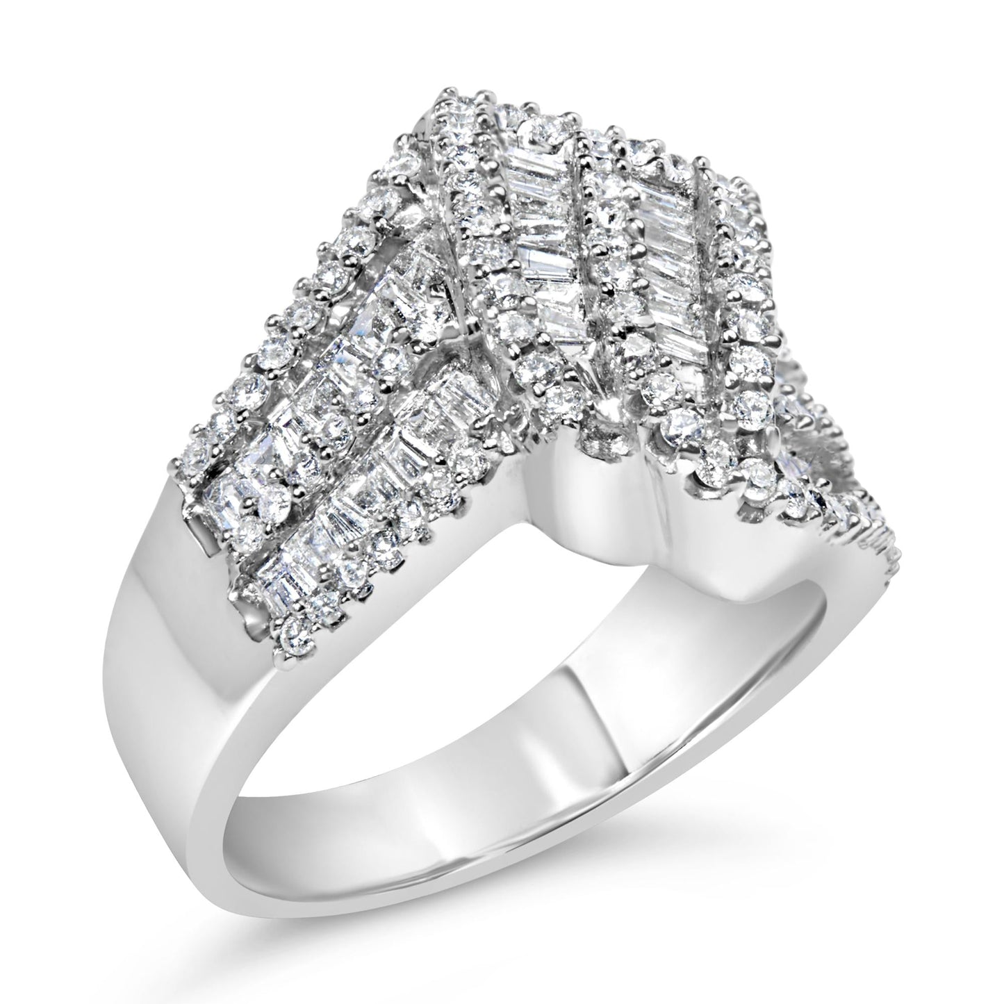 14K White Gold 1-1/2 Cttw Round and Baguette Diamond Bypass Cocktail Ring Band (H-I Color, SI1-SI2 Clarity)-3