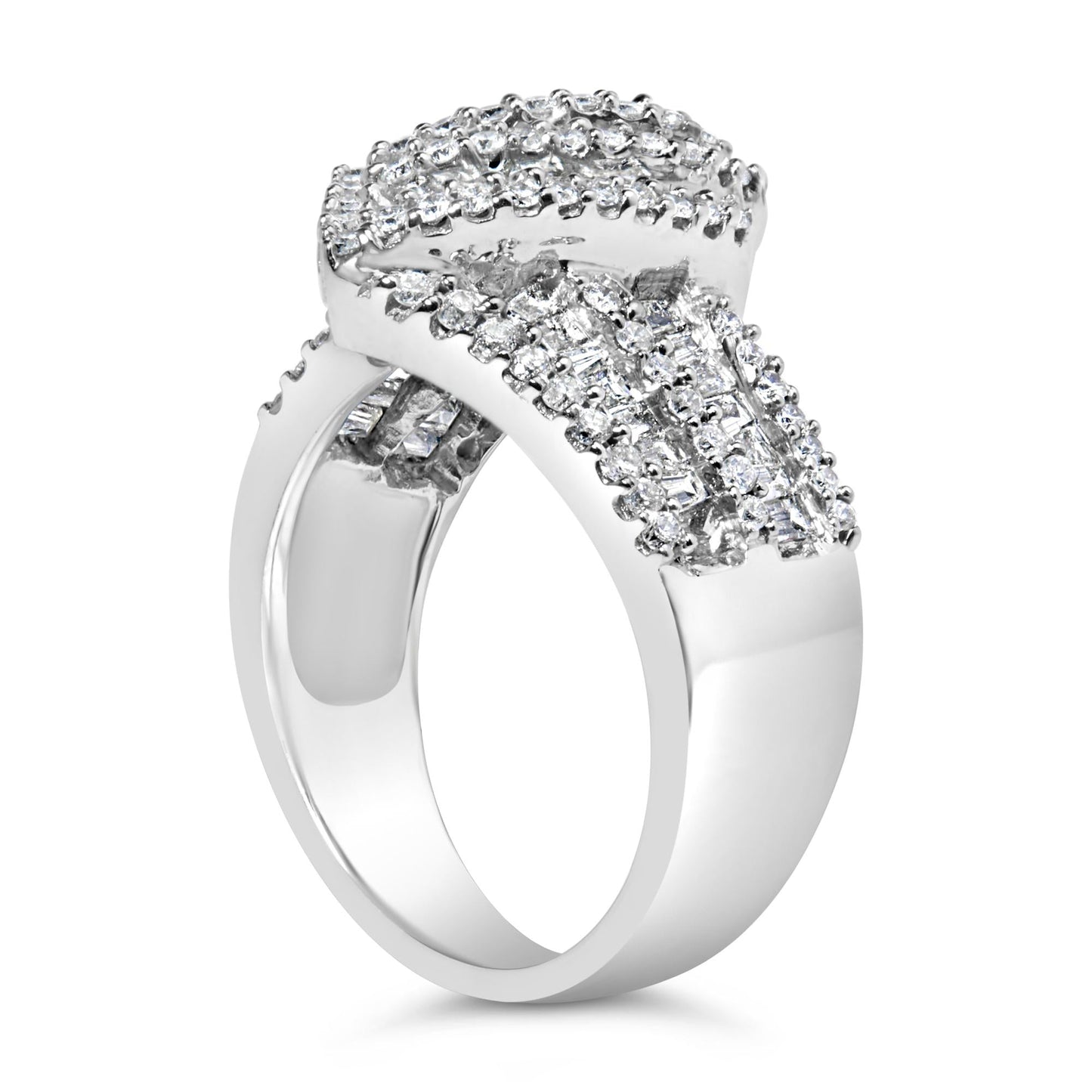 14K White Gold 1-1/2 Cttw Round and Baguette Diamond Bypass Cocktail Ring Band (H-I Color, SI1-SI2 Clarity)-4