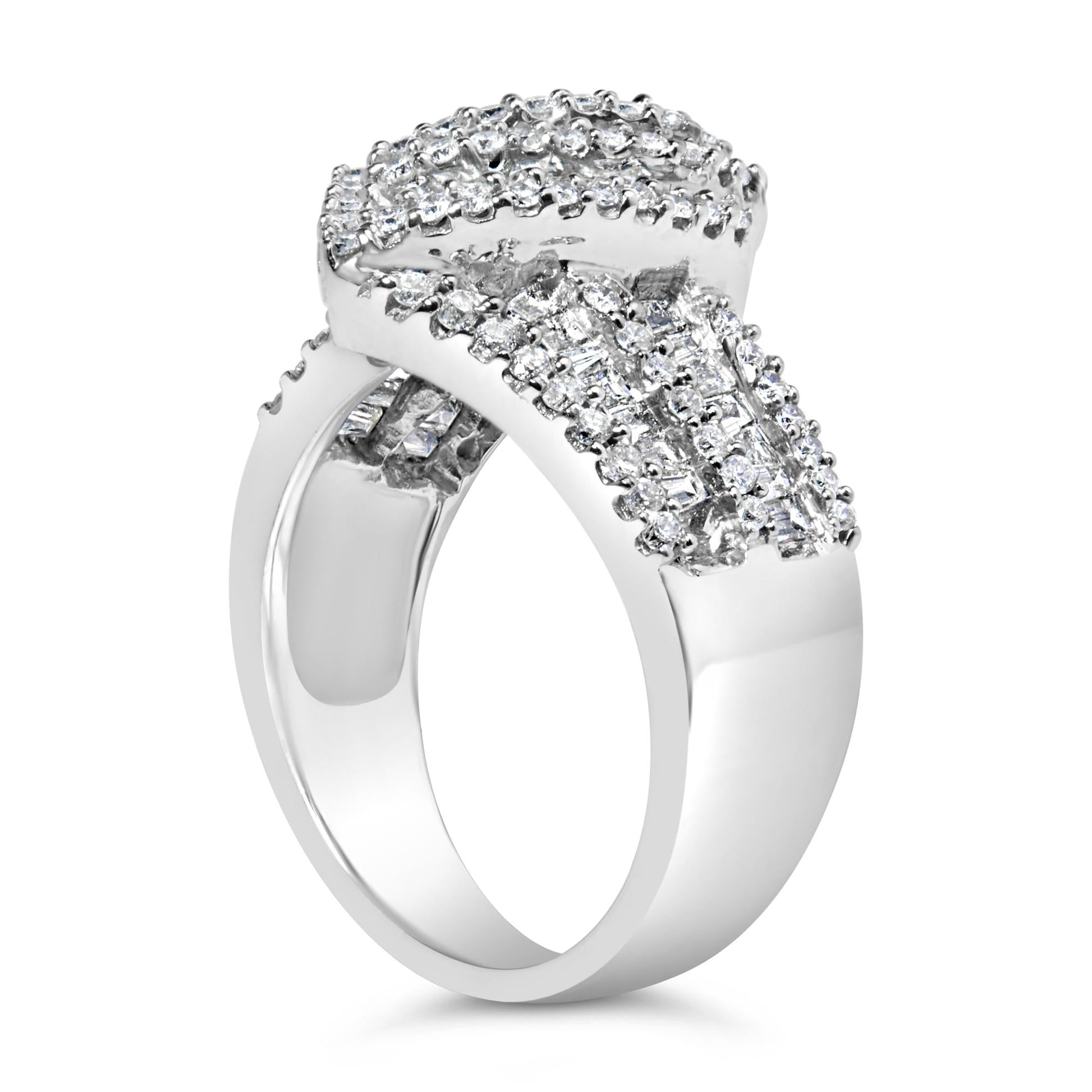 14K White Gold 1-1/2 Cttw Round and Baguette Diamond Bypass Cocktail Ring Band (H-I Color, SI1-SI2 Clarity)-4