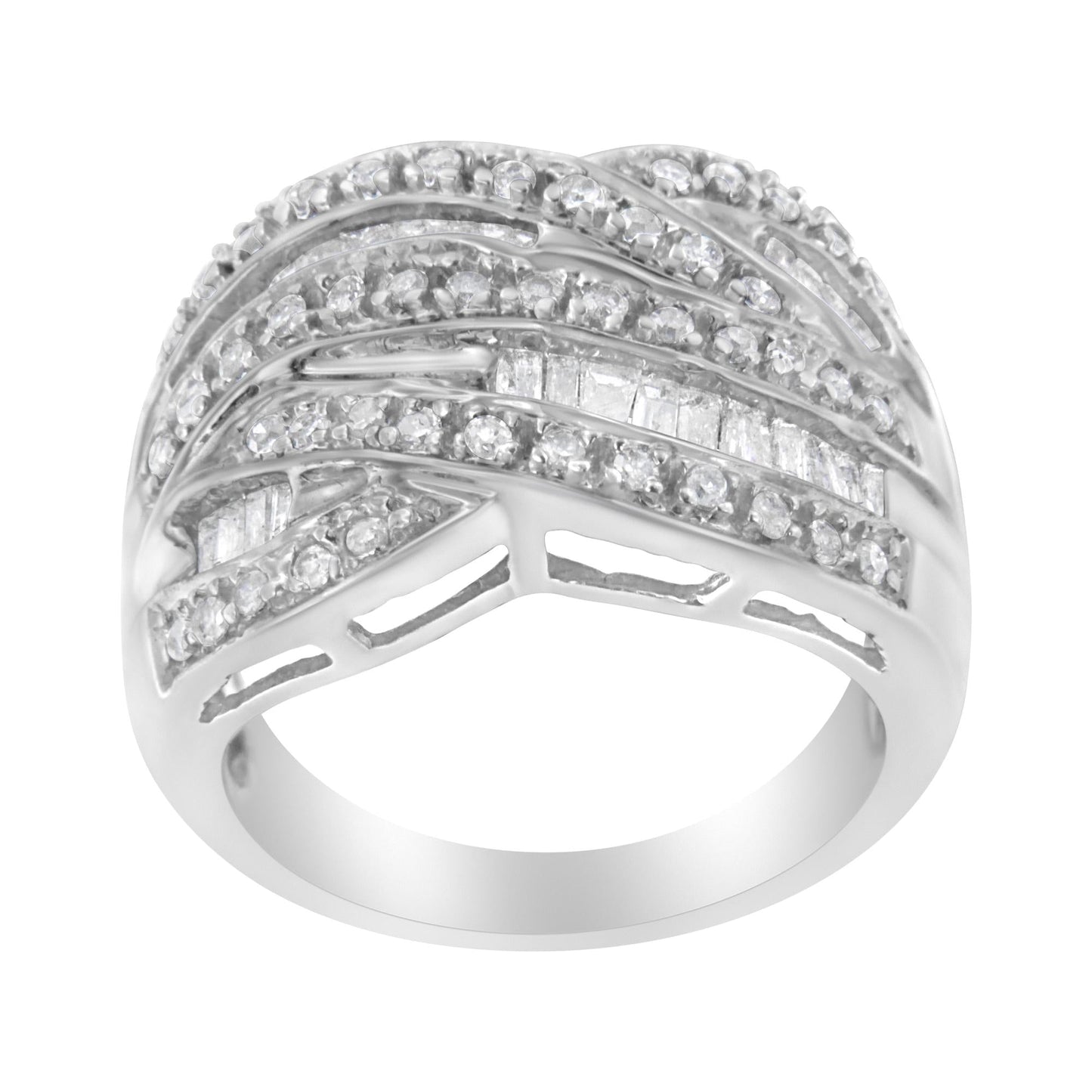.925 Sterling Silver 1.0 Cttw Channel Set Alternating Round and Baguette Diamond Cross-over Bypass Ring Band (I-J Color, I2-I3 Clarity)-3