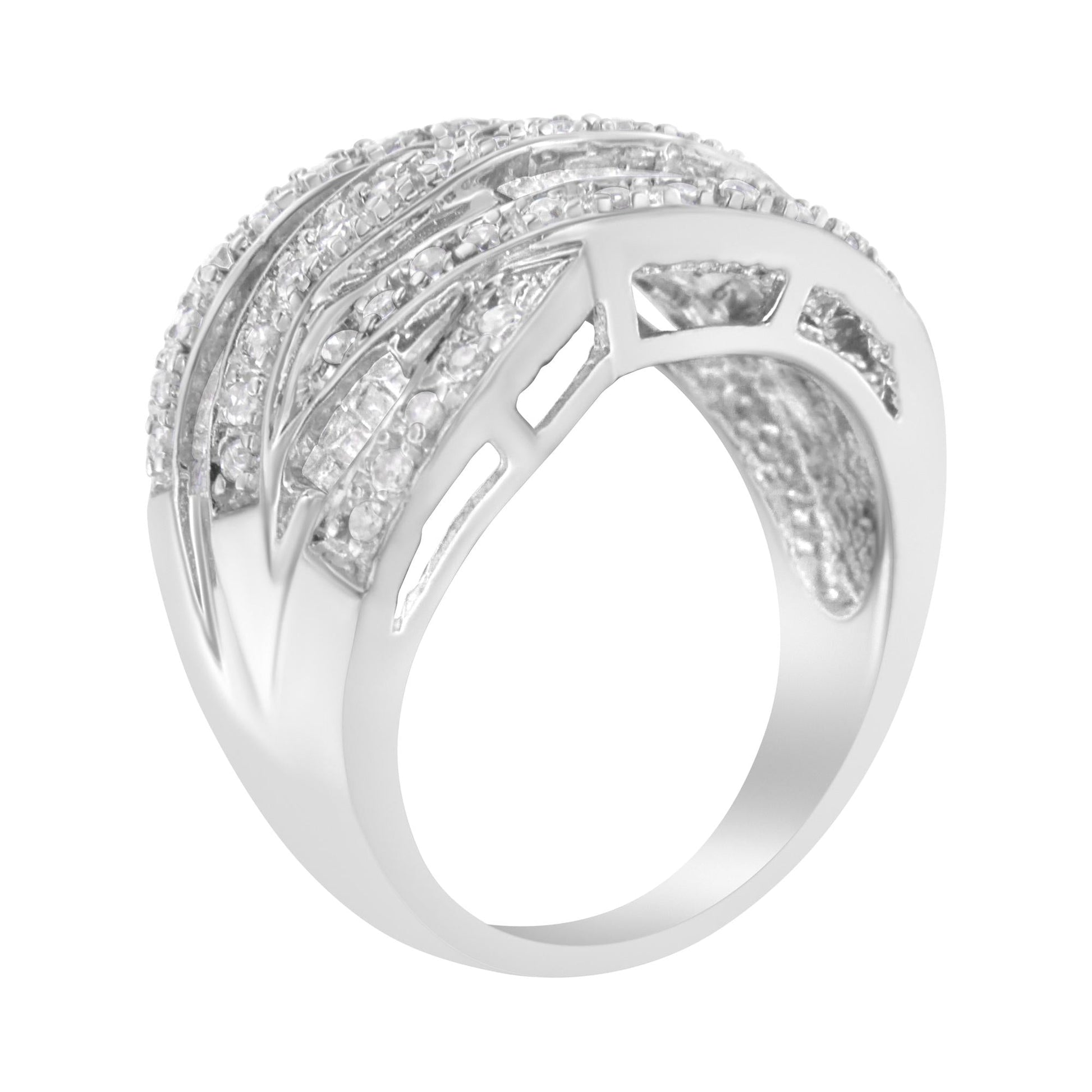 .925 Sterling Silver 1.0 Cttw Channel Set Alternating Round and Baguette Diamond Cross-over Bypass Ring Band (I-J Color, I2-I3 Clarity)-4