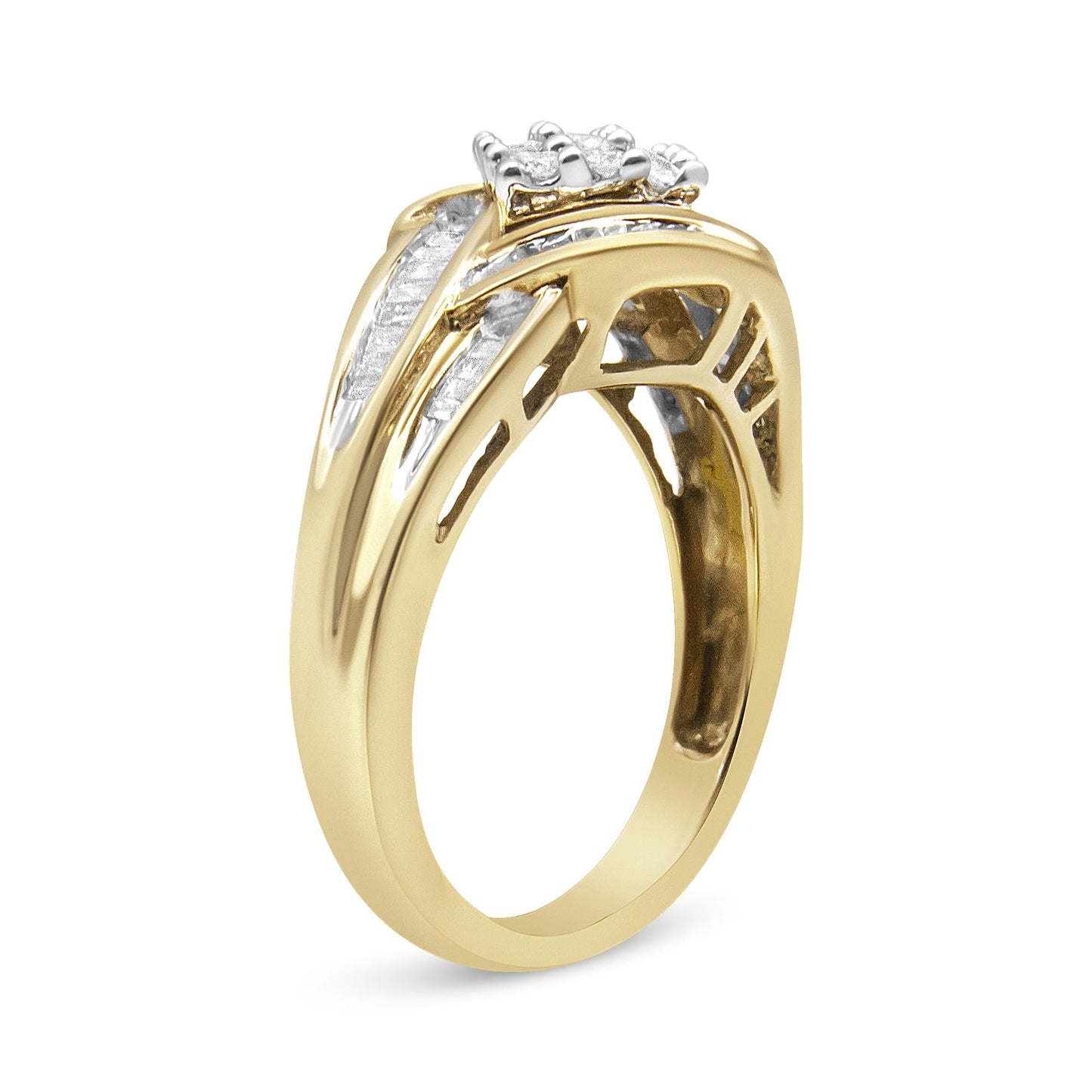 10K Yellow and White Gold 3/4 Cttw Diamond Cluster and Swirl Ring (H-I Color, I1-I2 Clarity)-3