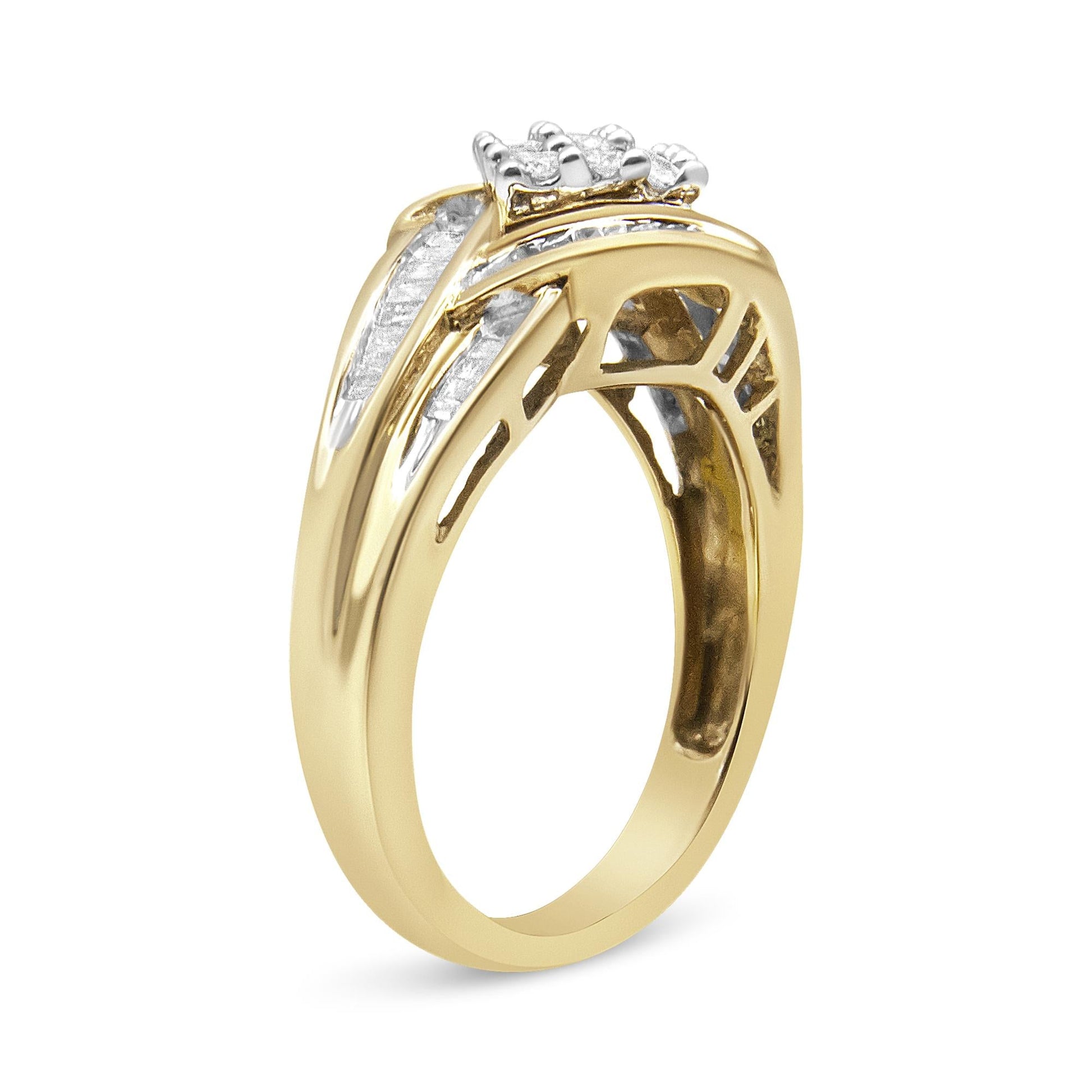 10K Yellow and White Gold 3/4 Cttw Diamond Cluster and Swirl Ring (H-I Color, I1-I2 Clarity)-3
