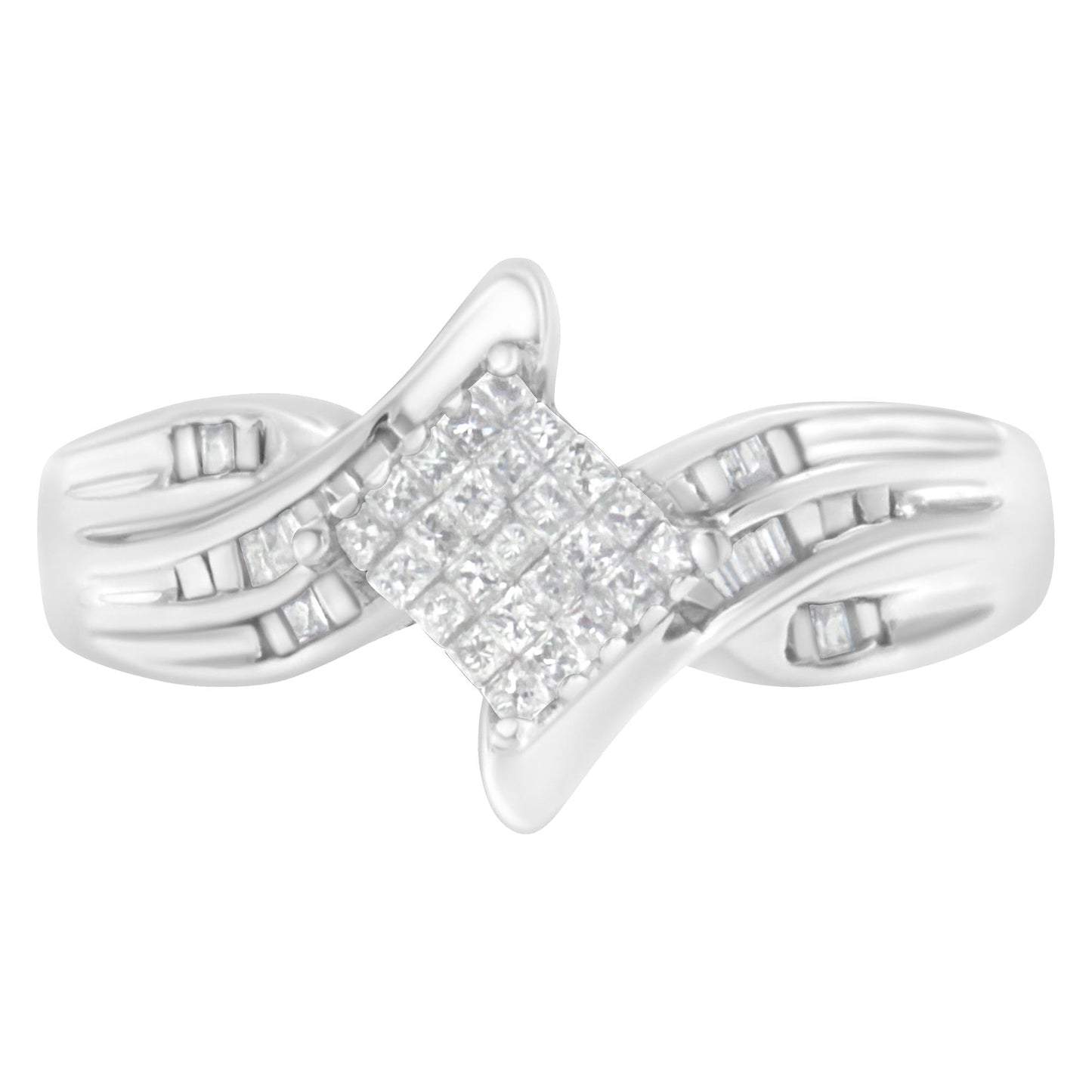 10K White Gold 1/3 Cttw Princess and Baguette Cut Diamond Bypass Style Cocktail Ring (I-J Color, I1-I2 Clarity)-3