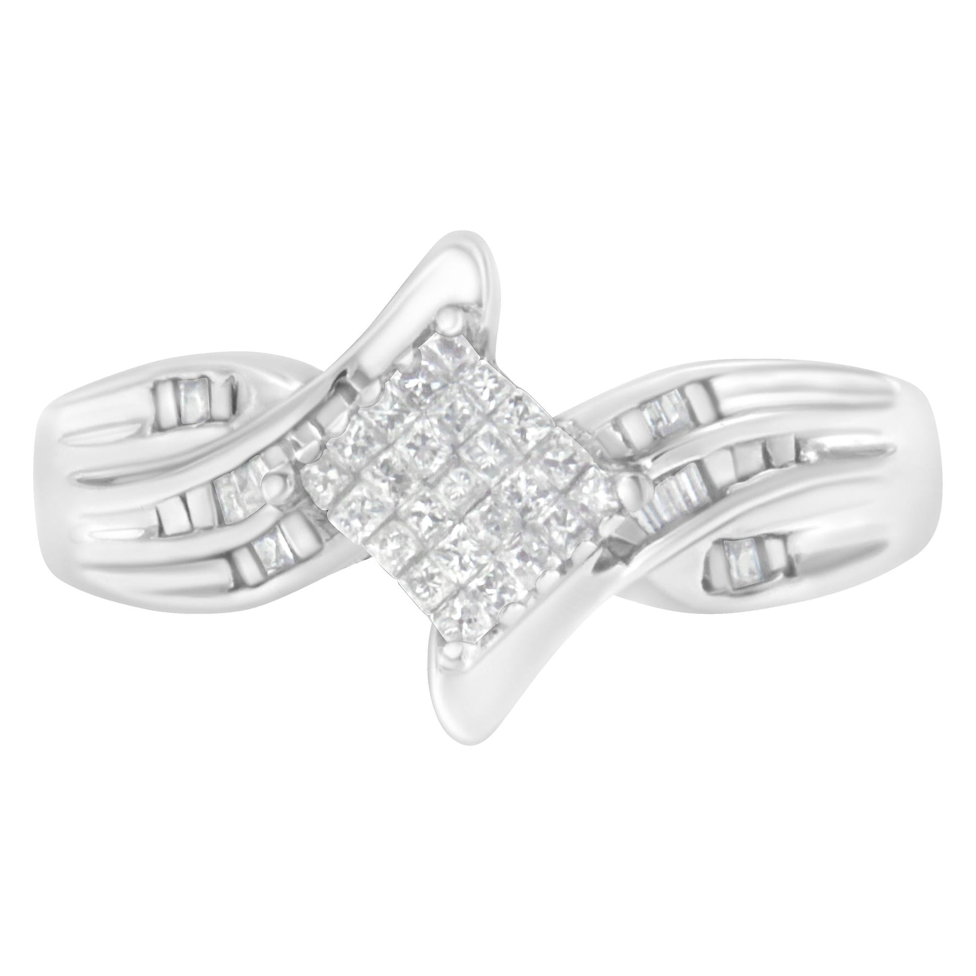 10K White Gold 1/3 Cttw Princess and Baguette Cut Diamond Bypass Style Cocktail Ring (I-J Color, I1-I2 Clarity)-3