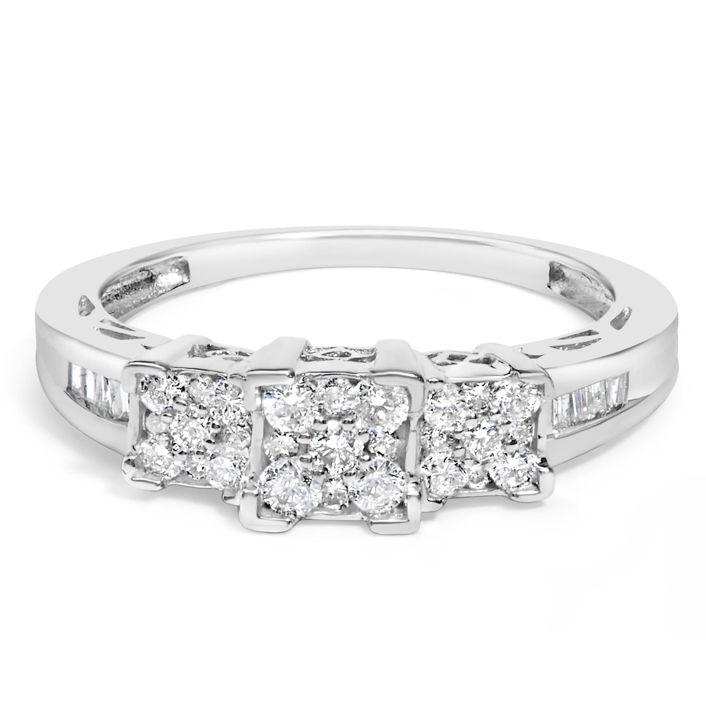 10K White Gold 1/2 Cttw Brilliant & Baguette Cut Diamond 3 Stone Design with 3 Square Clusters Engagement Ring (H-I Color, SI2-I1 Clarity)-3