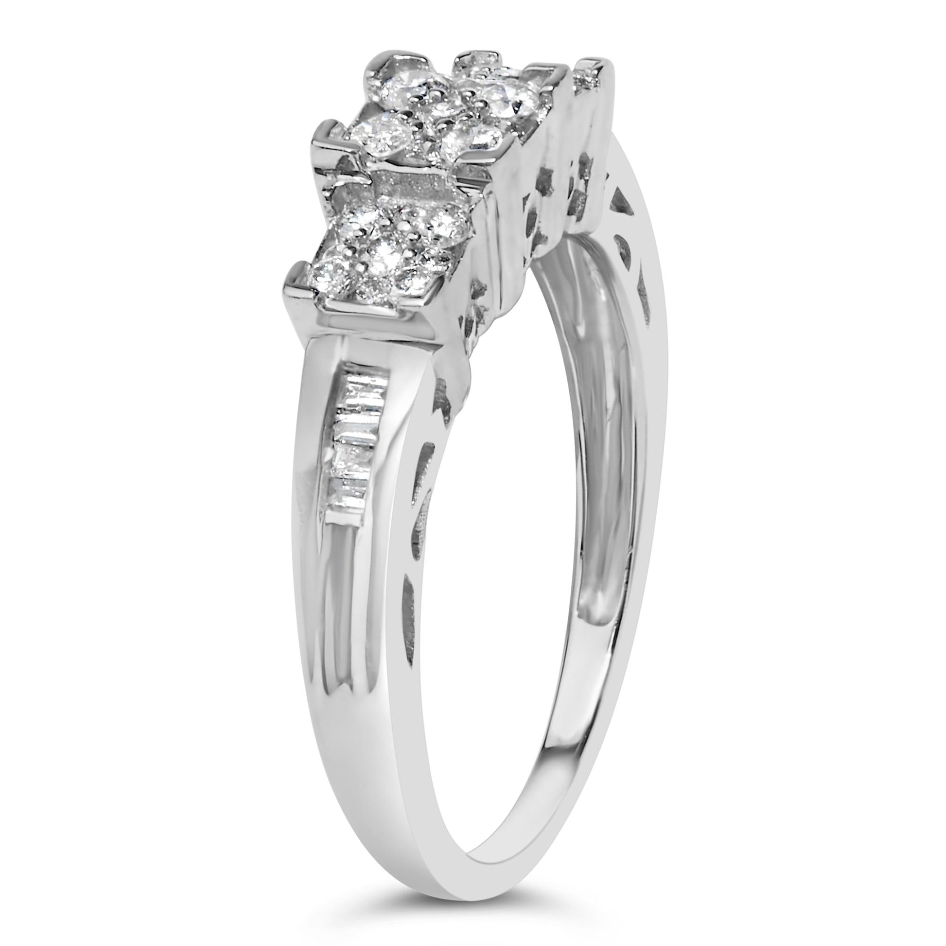 10K White Gold 1/2 Cttw Brilliant & Baguette Cut Diamond 3 Stone Design with 3 Square Clusters Engagement Ring (H-I Color, SI2-I1 Clarity)-0