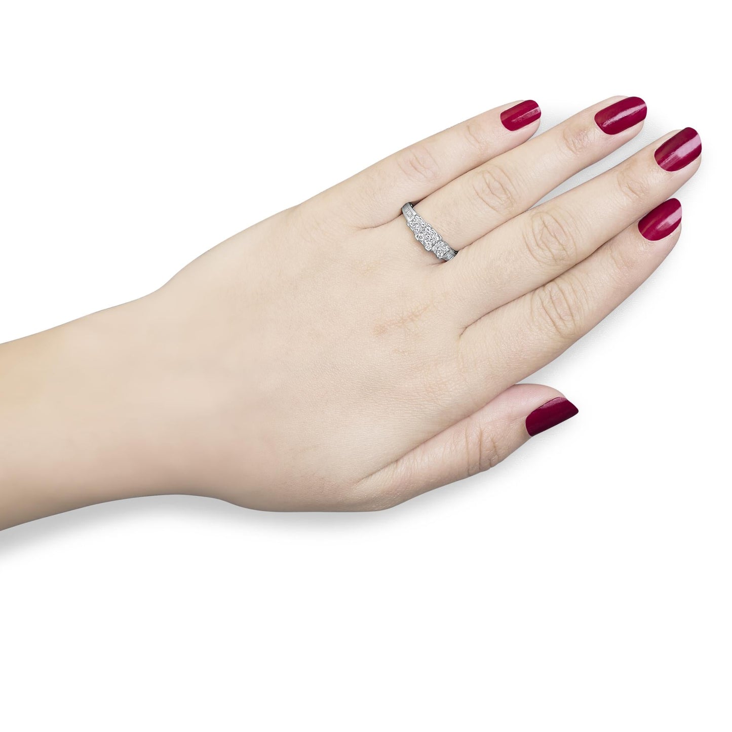 10K White Gold 1/2 Cttw Brilliant & Baguette Cut Diamond 3 Stone Design with 3 Square Clusters Engagement Ring (H-I Color, SI2-I1 Clarity)-2
