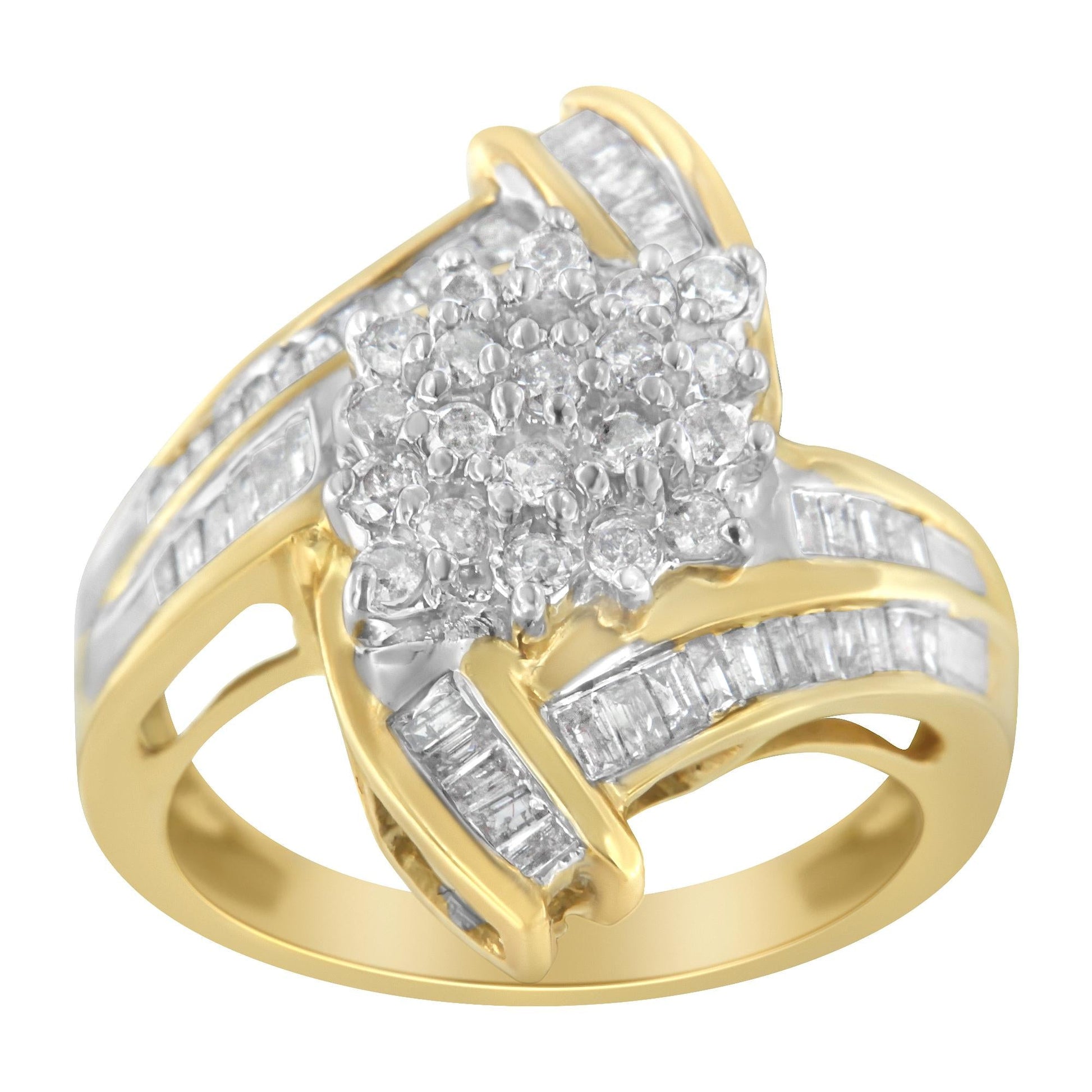10K Yellow Gold Round and Baguette-Cut Diamond Bypass Cluster Ring (1.0 Cttw, I-J Color, I1-I2 Clarity)-3