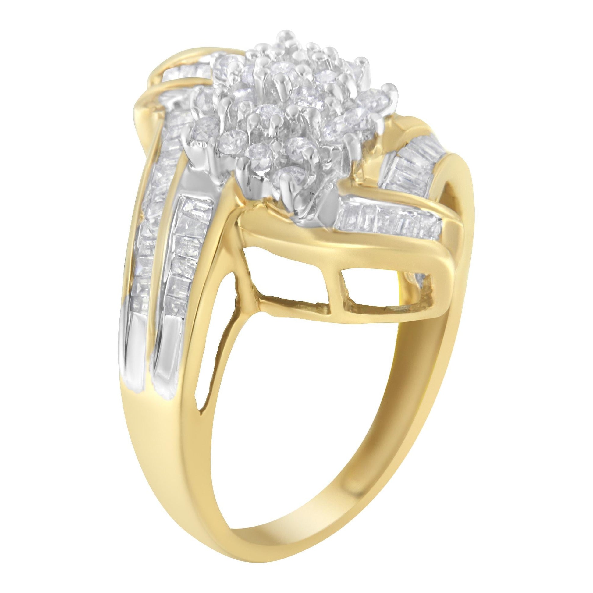10K Yellow Gold Round and Baguette-Cut Diamond Bypass Cluster Ring (1.0 Cttw, I-J Color, I1-I2 Clarity)-4