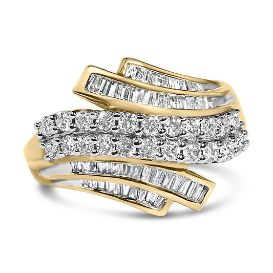 10K Yellow Gold 1.0 Cttw Round & Baguette Cut Diamond 64 Stone Bypass Style Channel Set Modern Statement Ring (H-I Color, SI1-SI2 Clarity)-0