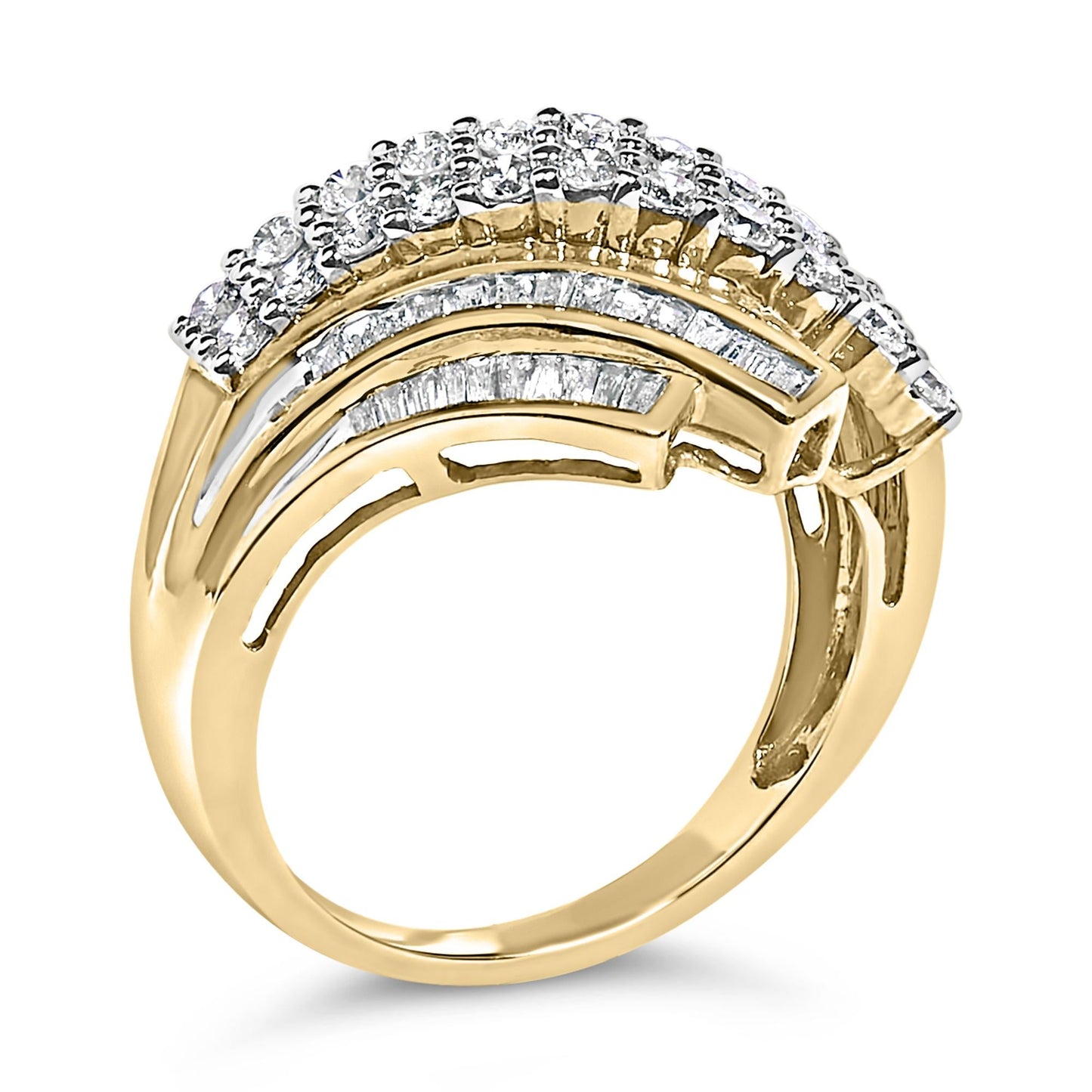 10K Yellow Gold 1.0 Cttw Round & Baguette Cut Diamond 64 Stone Bypass Style Channel Set Modern Statement Ring (H-I Color, SI1-SI2 Clarity)-3