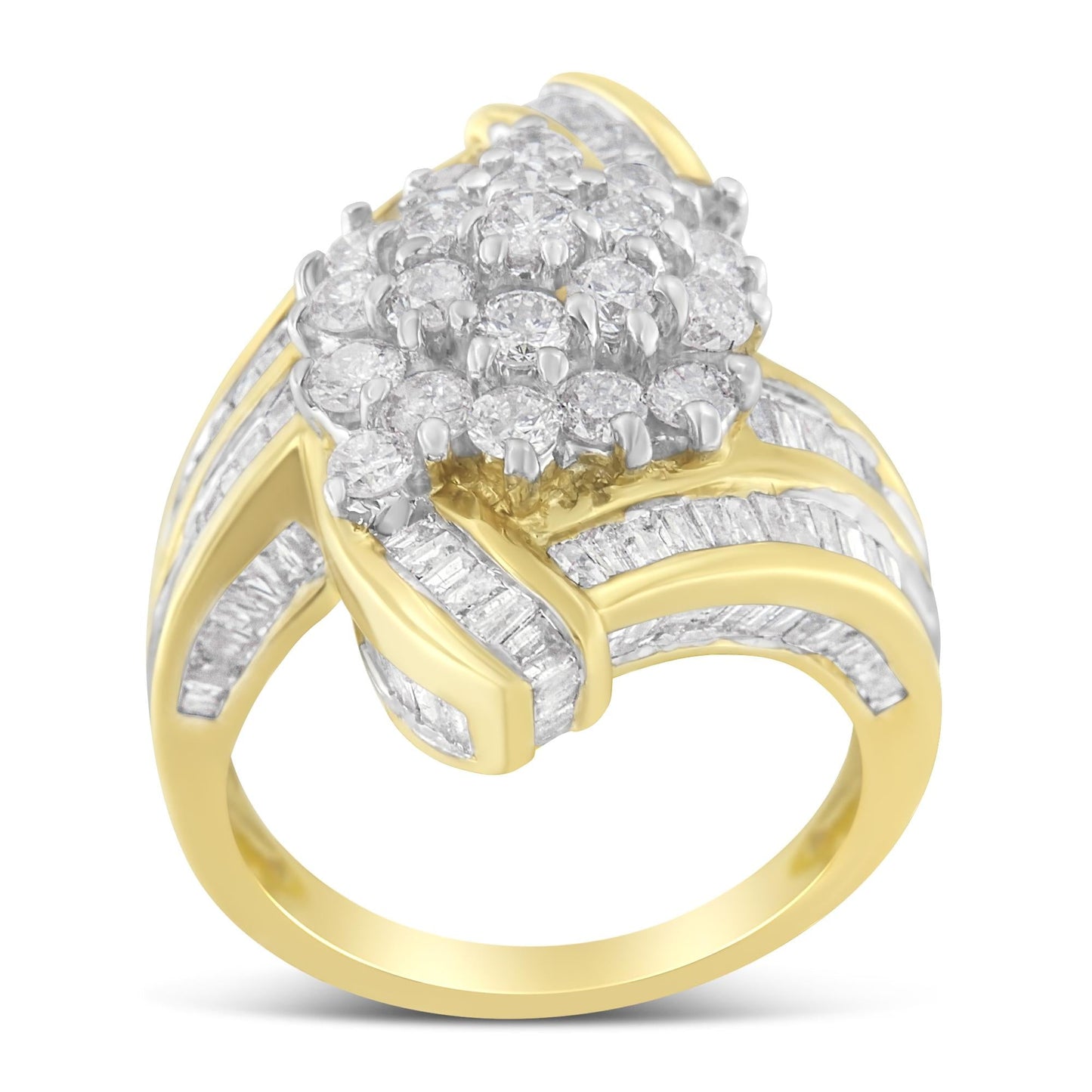 10K Yellow Gold Round and Baguette Diamond Crossover Cluster Ring (3 Cttw, I-J Color, I1-I2 Clarity)-3