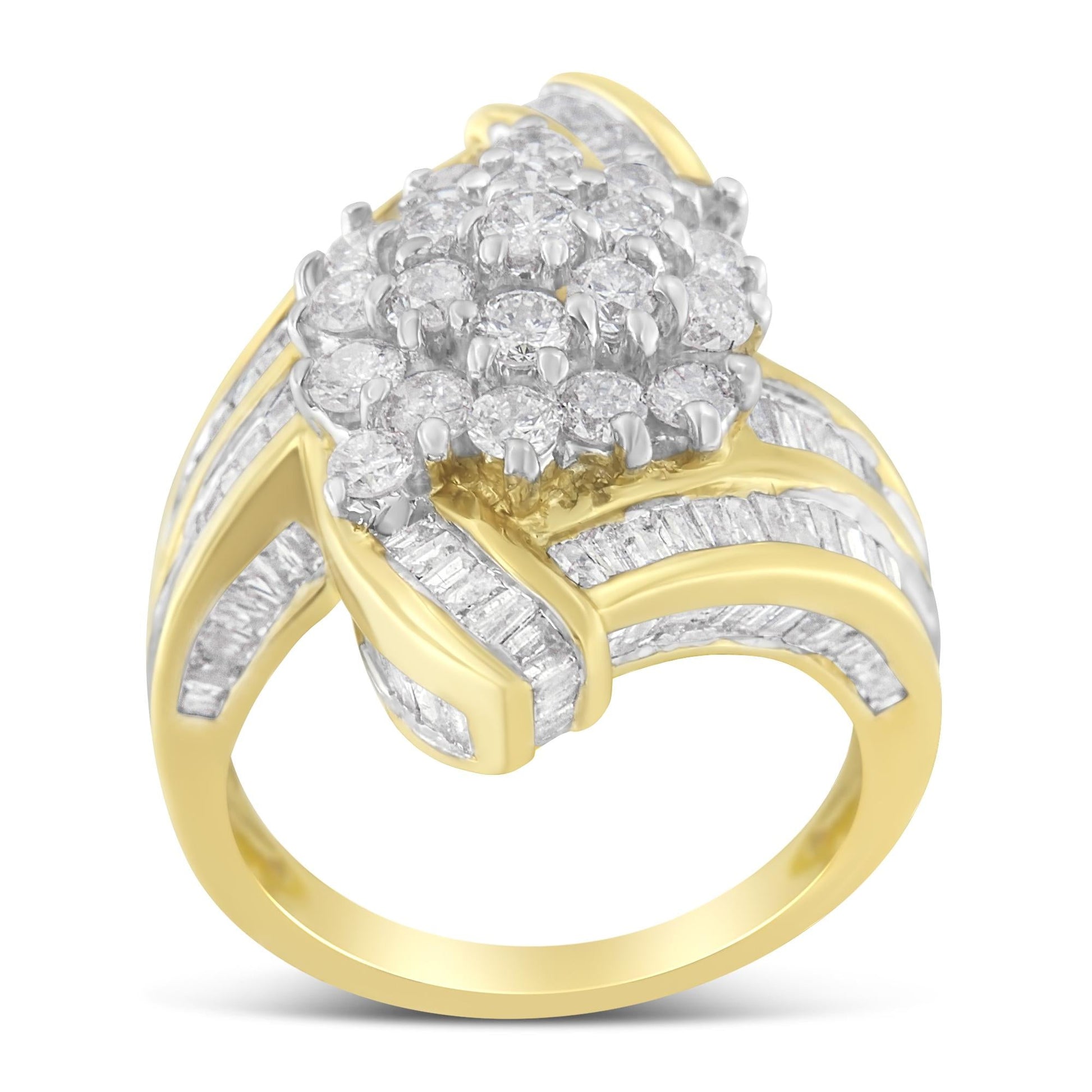 10K Yellow Gold Round and Baguette Diamond Crossover Cluster Ring (3 Cttw, I-J Color, I1-I2 Clarity)-3