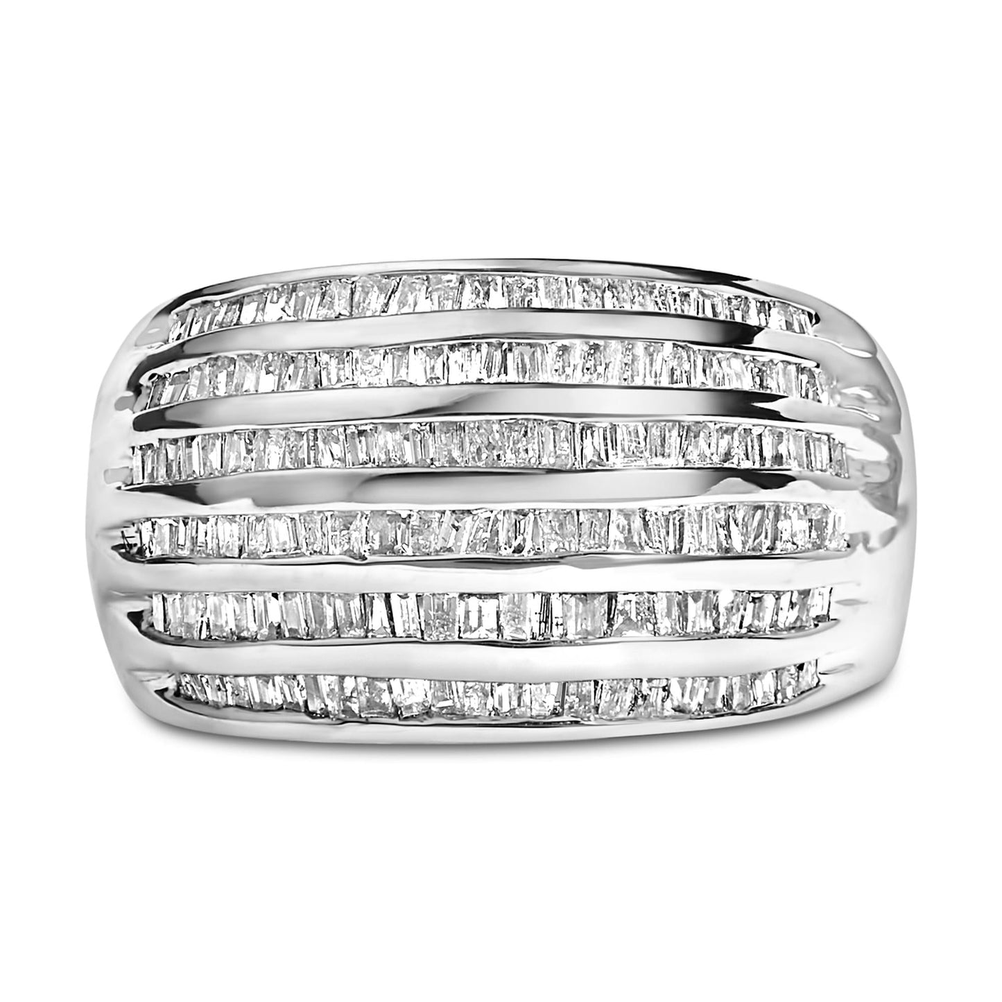 Silver 1.0 Cttw Channel Set Baguette Diamond 6-Row Domed Cocktail Ring-0