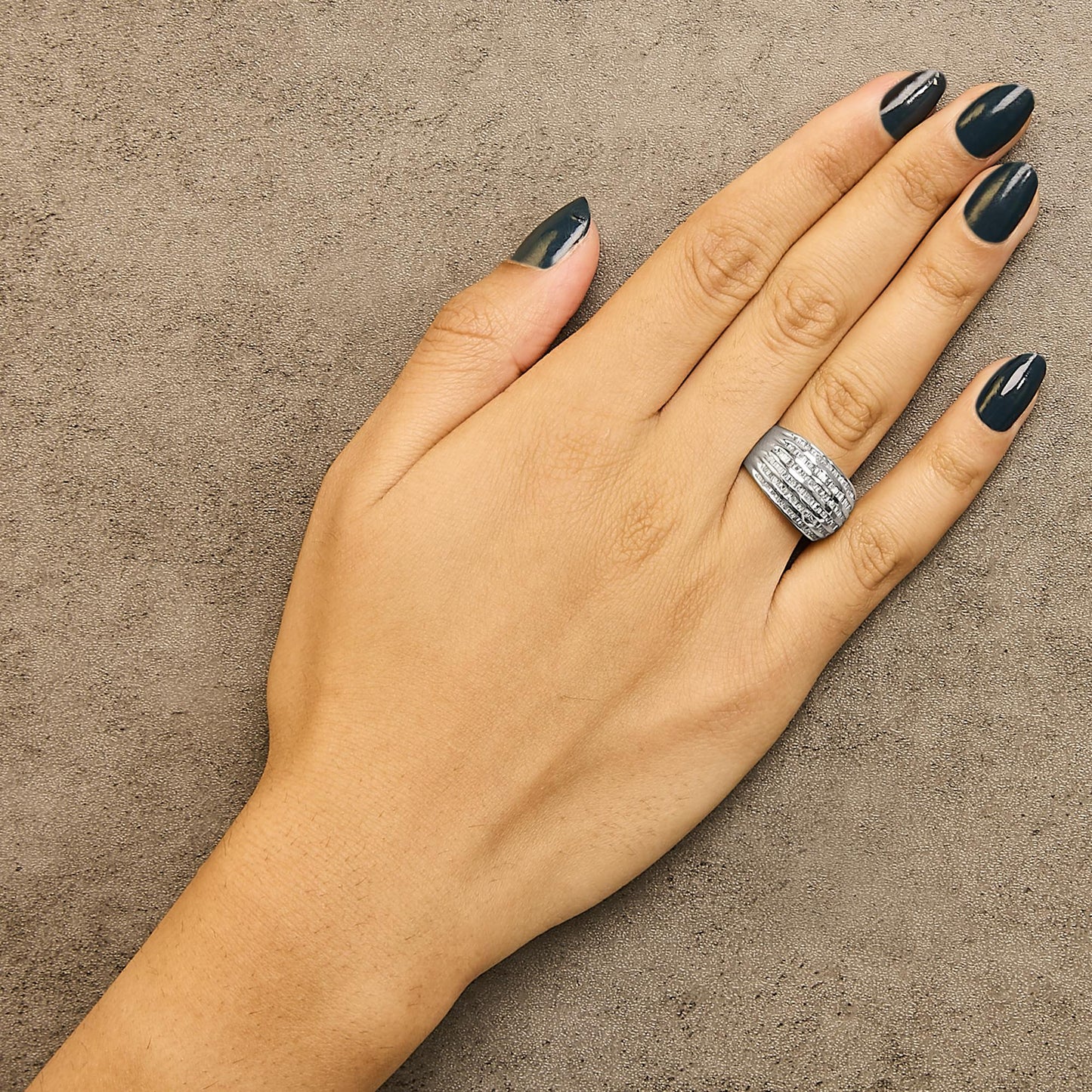 Silver 1.0 Cttw Channel Set Baguette Diamond 6-Row Domed Cocktail Ring-2