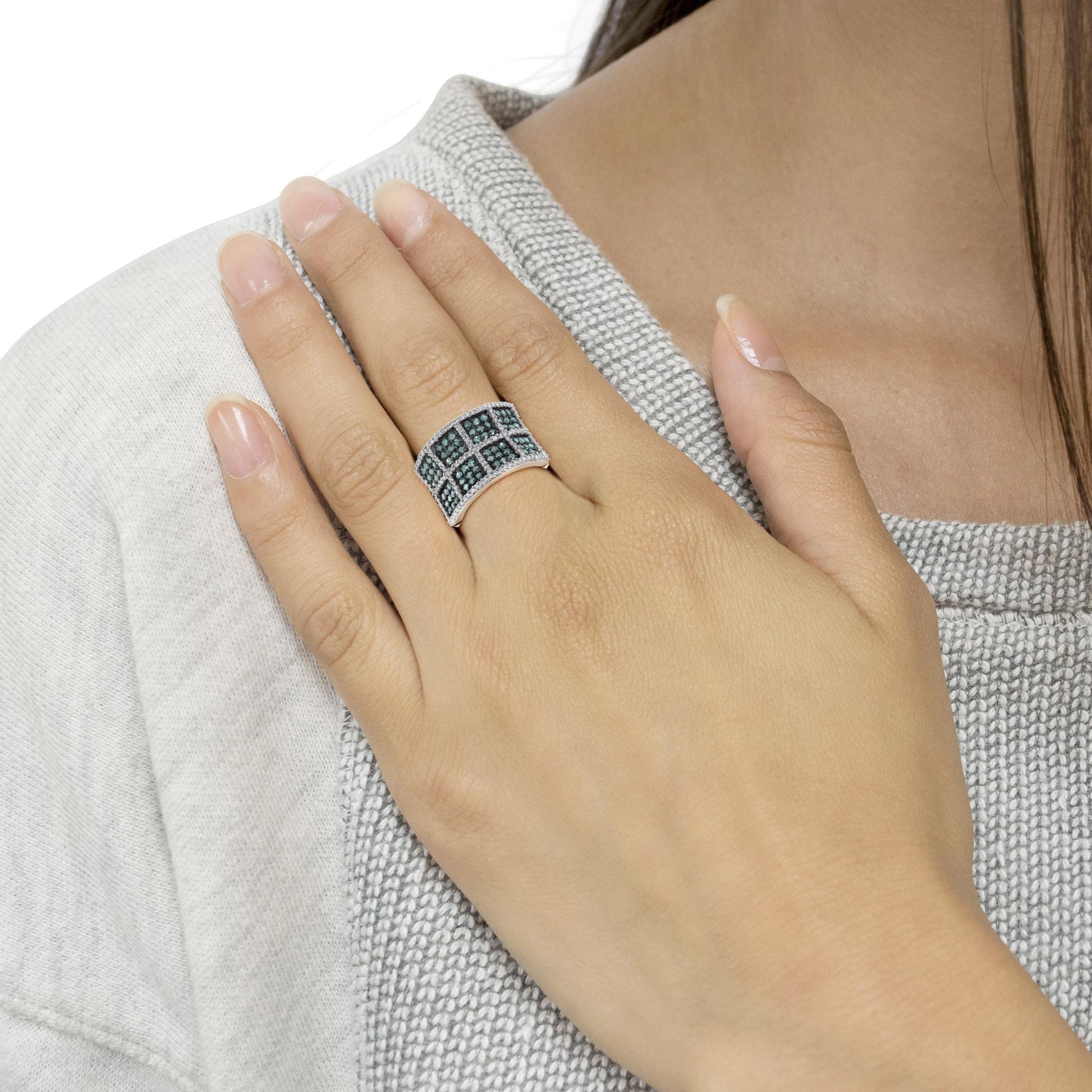 14K White Gold White and Treated Blue Diamond Cocktail Ring (1 1/2 Cttw, H-I Color, I1-I2 Clarity)-2