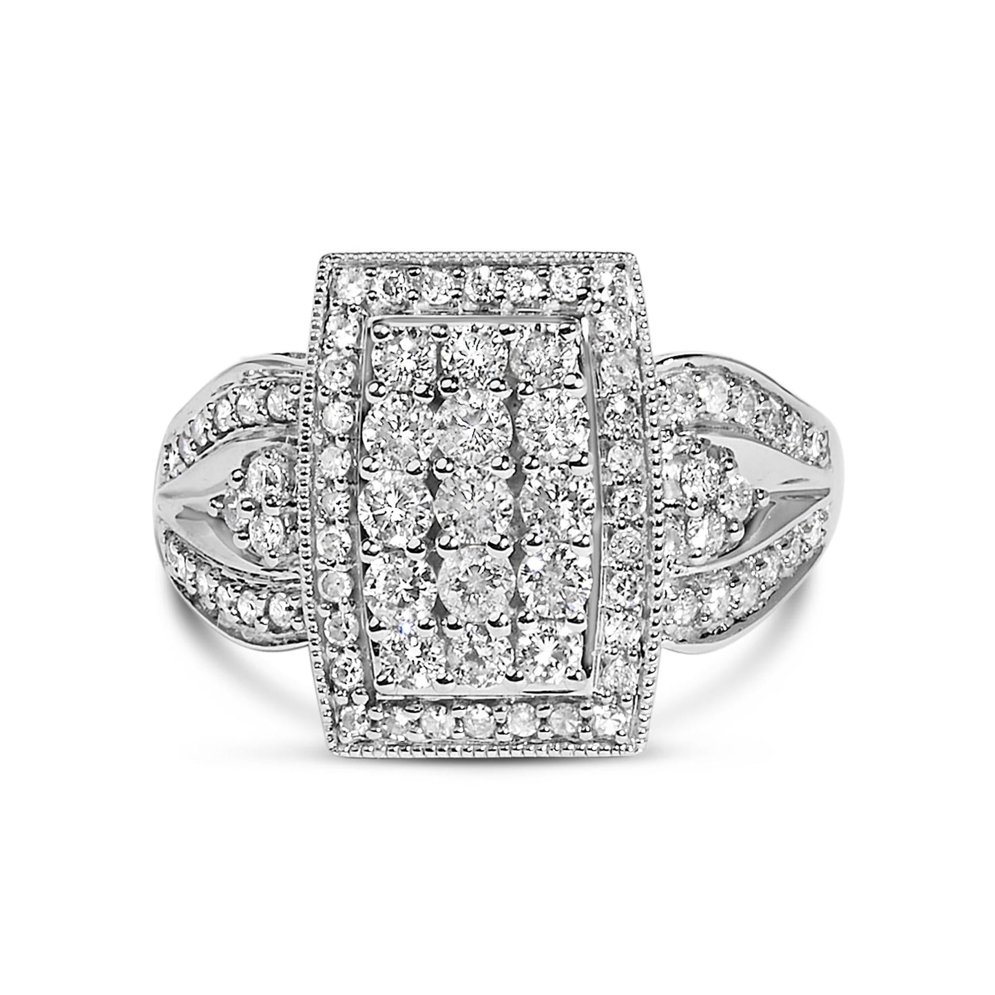 10K White Gold 1.0 Cttw Diamond Rectangular Cushion Shaped Cluster Halo Flared Band Cocktail Fashion Ring (H-I Color, SI2-I1 Clarity)-0