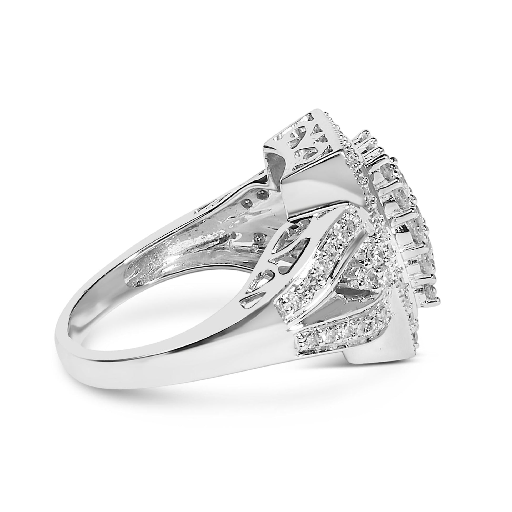 10K White Gold 1.0 Cttw Diamond Rectangular Cushion Shaped Cluster Halo Flared Band Cocktail Fashion Ring (H-I Color, SI2-I1 Clarity)-1