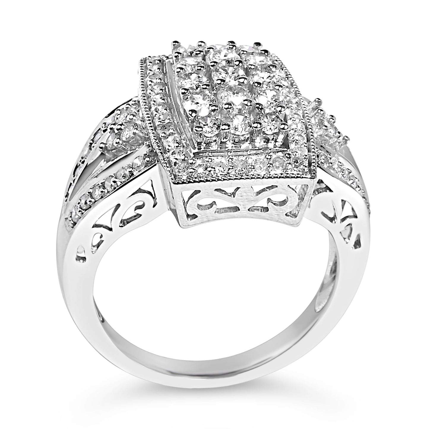 10K White Gold 1.0 Cttw Diamond Rectangular Cushion Shaped Cluster Halo Flared Band Cocktail Fashion Ring (H-I Color, SI2-I1 Clarity)-3