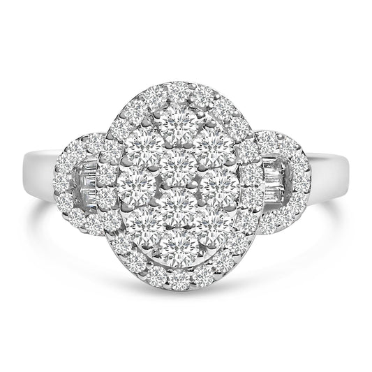 10K White Gold 1.0 Cttw Diamond Oval Cluster with Halo Vintage-Inspired Art Deco 3 Stone Style Statement Ring (G-H Color, SI1-SI2 Clarity)-0