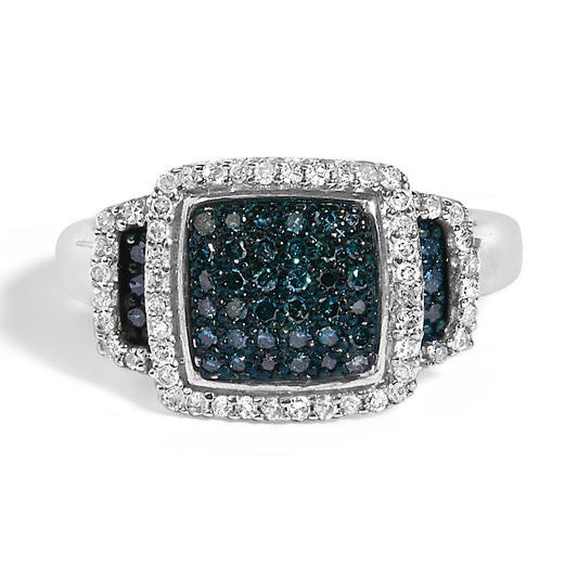 Black Rhodium Plated .925 Sterling Silver 1/2 Cttw White & Blue Diamond Square Halo Cocktail Ring (Fancy Blue & H-I Color, I2-I3 Clarity)-0