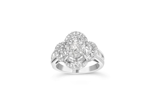 14K White Gold 1.0 Cttw Round & Baguette Cut Diamond Floral Cluster Quatrefoil Channel Set Band Cocktail Statement Ring (H-I Color, SI2-I1 Clarity)-0