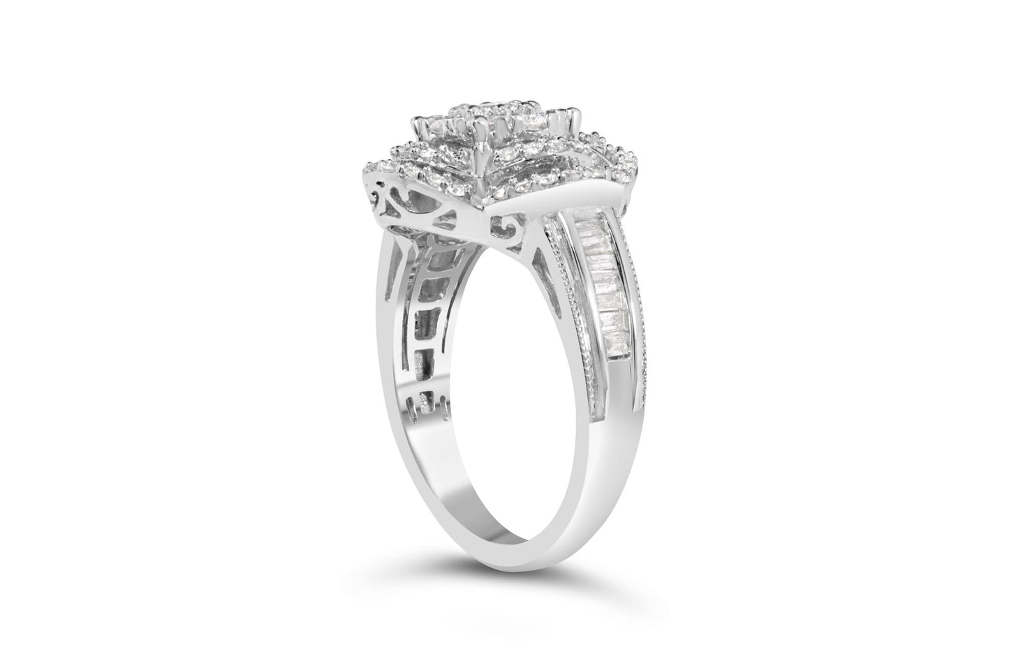 14K White Gold 1.0 Cttw Round & Baguette Cut Diamond Floral Cluster Quatrefoil Channel Set Band Cocktail Statement Ring (H-I Color, SI2-I1 Clarity)-3