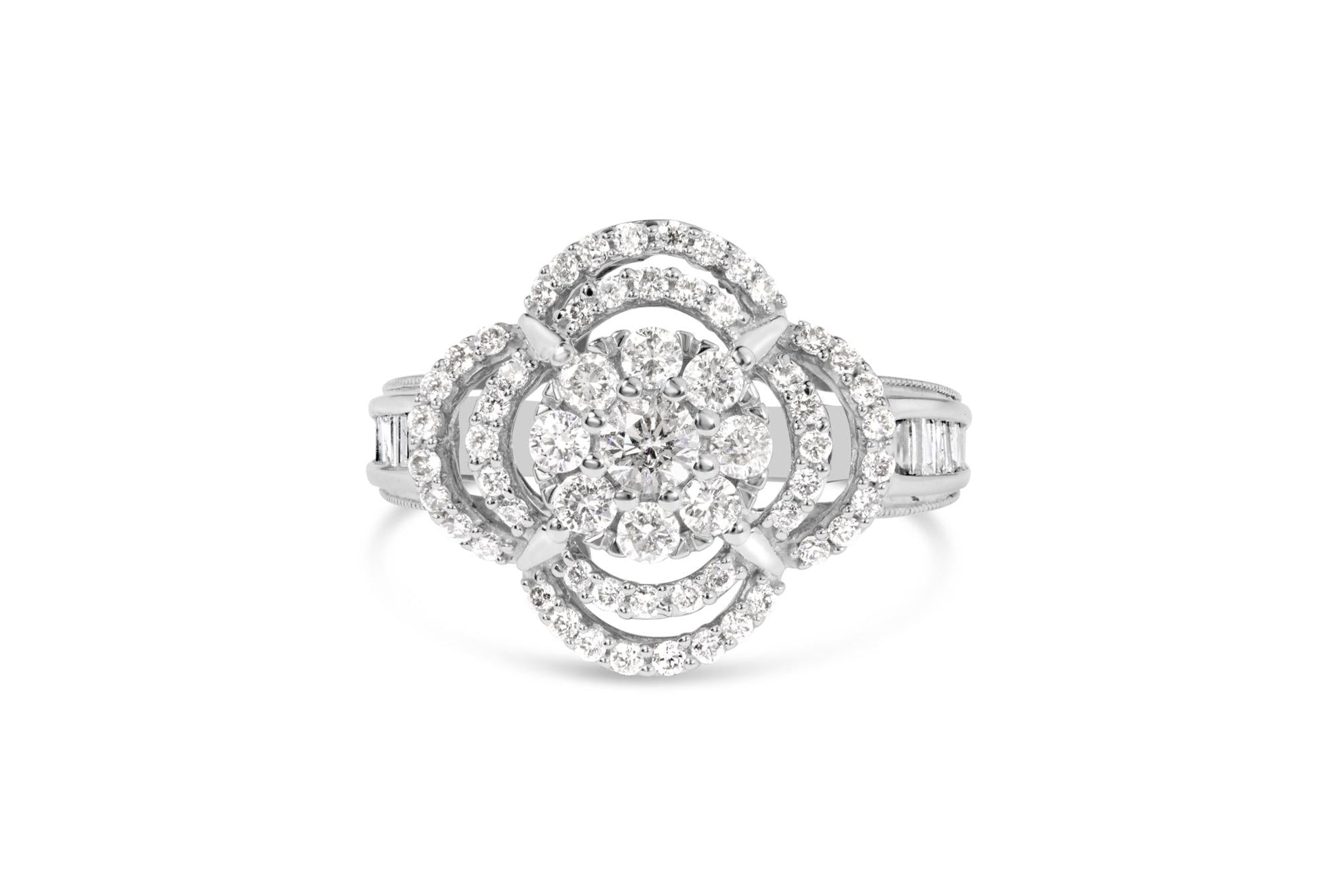 14K White Gold 1.0 Cttw Round & Baguette Cut Diamond Floral Cluster Quatrefoil Channel Set Band Cocktail Statement Ring (H-I Color, SI2-I1 Clarity)-4