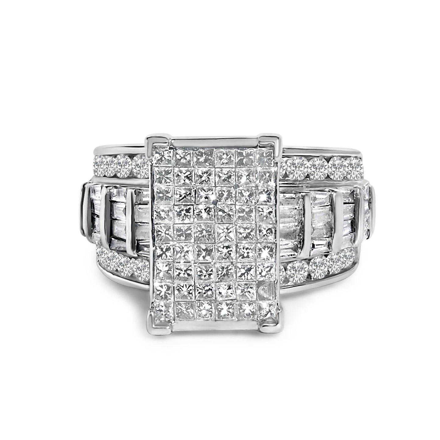 14K White Gold 2.0 Cttw Mixed-Cut Diamond Rectangle Invisible-Set Composite Cluster Ring with Bar- and Channel-Set Band (H-I Color, SI2-I1 Clarity)-0