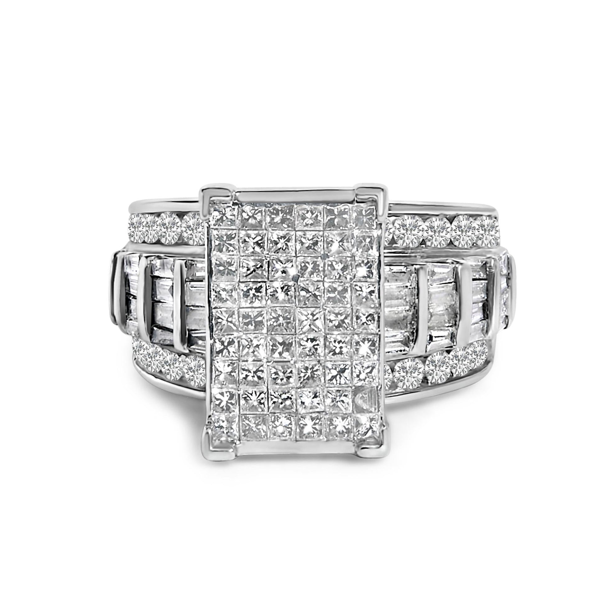 14K White Gold 2.0 Cttw Mixed-Cut Diamond Rectangle Invisible-Set Composite Cluster Ring with Bar- and Channel-Set Band (H-I Color, SI2-I1 Clarity)-0