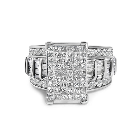 14K White Gold 2.0 Cttw Mixed-Cut Diamond Rectangle Invisible-Set Composite Cluster Ring with Bar- and Channel-Set Band (H-I Color, SI2-I1 Clarity)-0