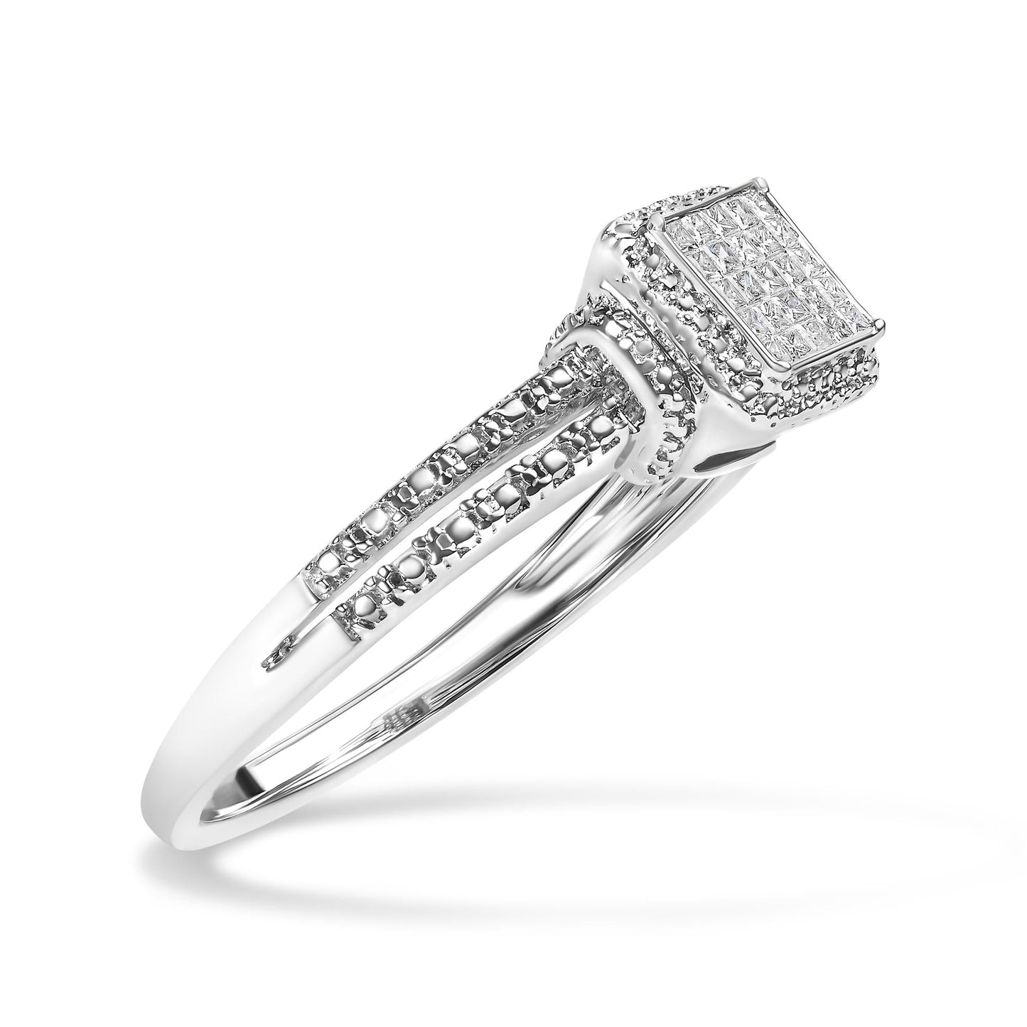 .925 Sterling Silver 1/4 Cttw Princess-cut Diamond Composite Ring with Beaded Halo (H-I Color, SI1-SI2 Clarity)-3