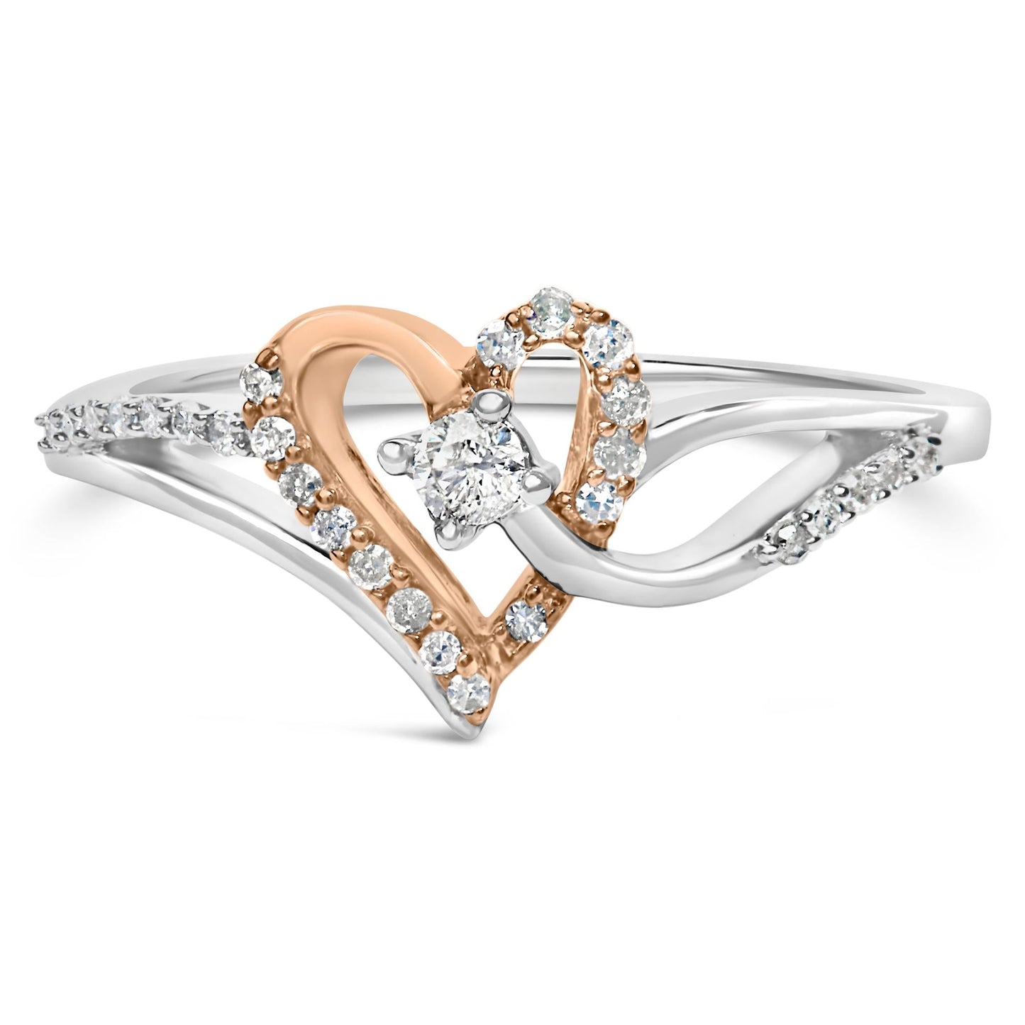 10K Rose Gold Plated .925 Sterling Silver 1/5 Cttw Diamond Two Tone Open Heart Promise or Fashion Ring (I-J Color, I2-I3 Clarity)-0