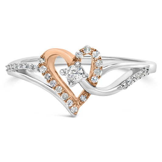 10K Rose Gold Plated .925 Sterling Silver 1/5 Cttw Diamond Two Tone Open Heart Promise or Fashion Ring (I-J Color, I2-I3 Clarity)-0