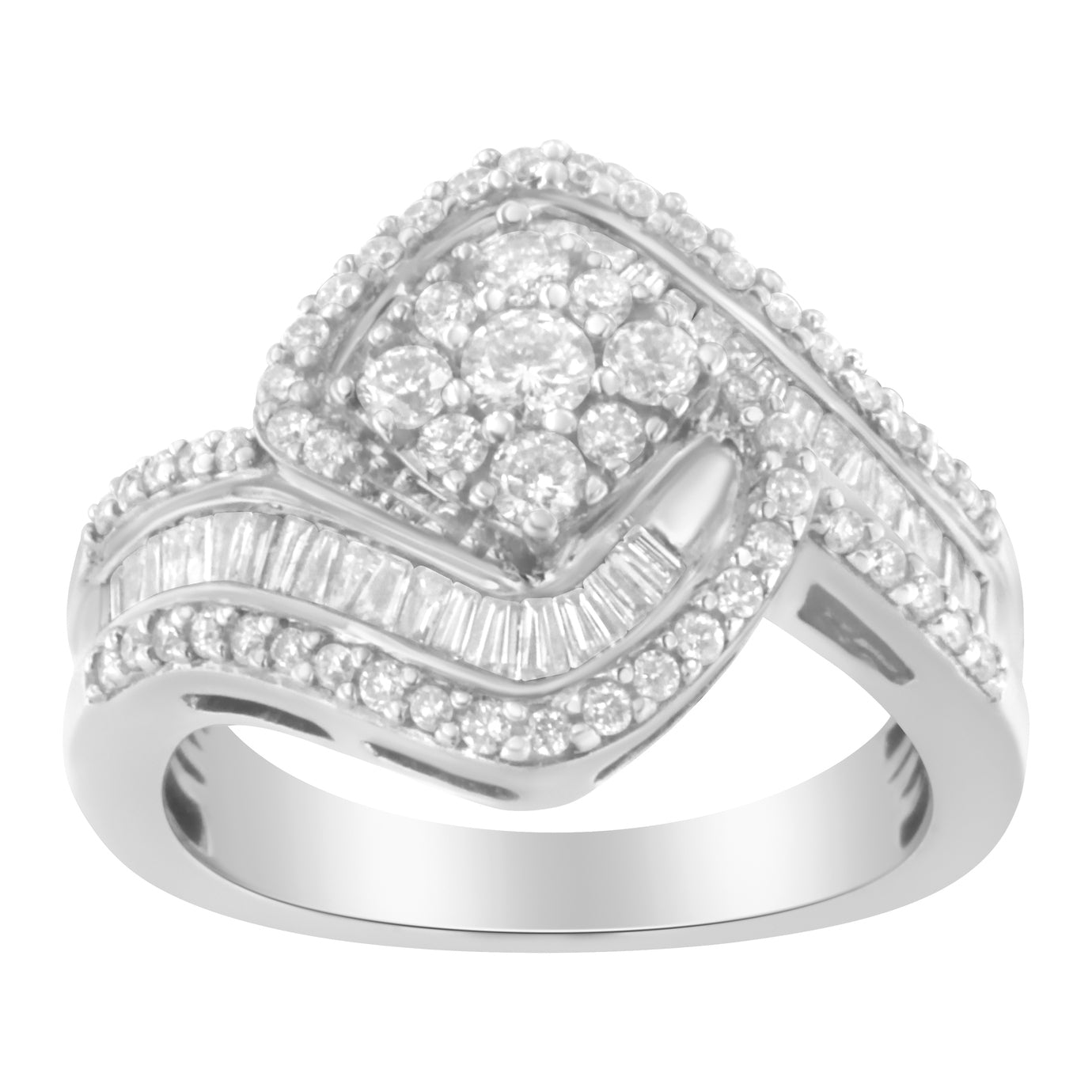 14K White Gold 1.0 Cttw Baguette & Brilliant-Cut Diamond Round Floral Cluster Engagement or Fashion Ring with Swirl Wrapped Triple Row Band (H-I Color, SI2-I1 Clarity)-1
