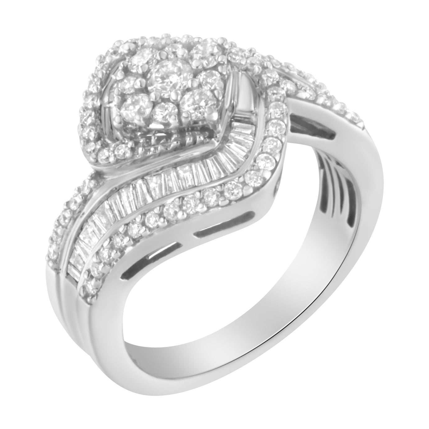 14K White Gold 1.0 Cttw Baguette & Brilliant-Cut Diamond Round Floral Cluster Engagement or Fashion Ring with Swirl Wrapped Triple Row Band (H-I Color, SI2-I1 Clarity)-3