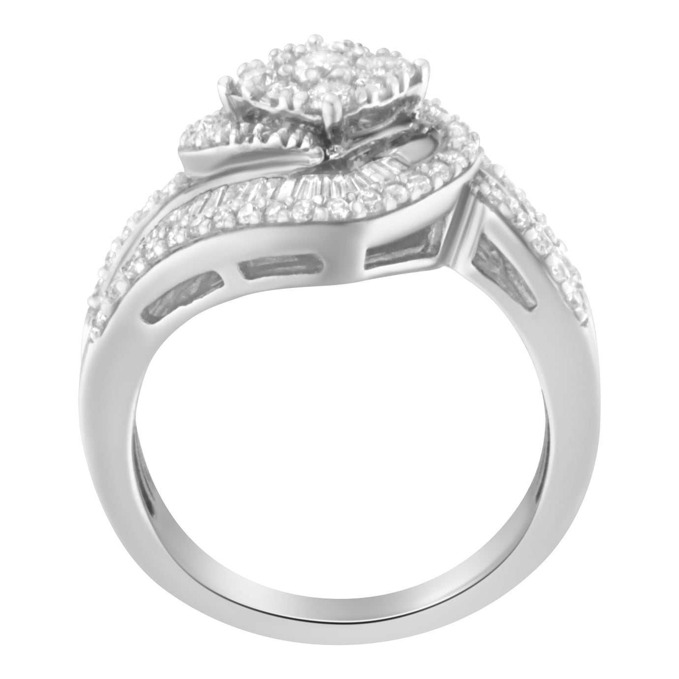 14K White Gold 1.0 Cttw Baguette & Brilliant-Cut Diamond Round Floral Cluster Engagement or Fashion Ring with Swirl Wrapped Triple Row Band (H-I Color, SI2-I1 Clarity)-4