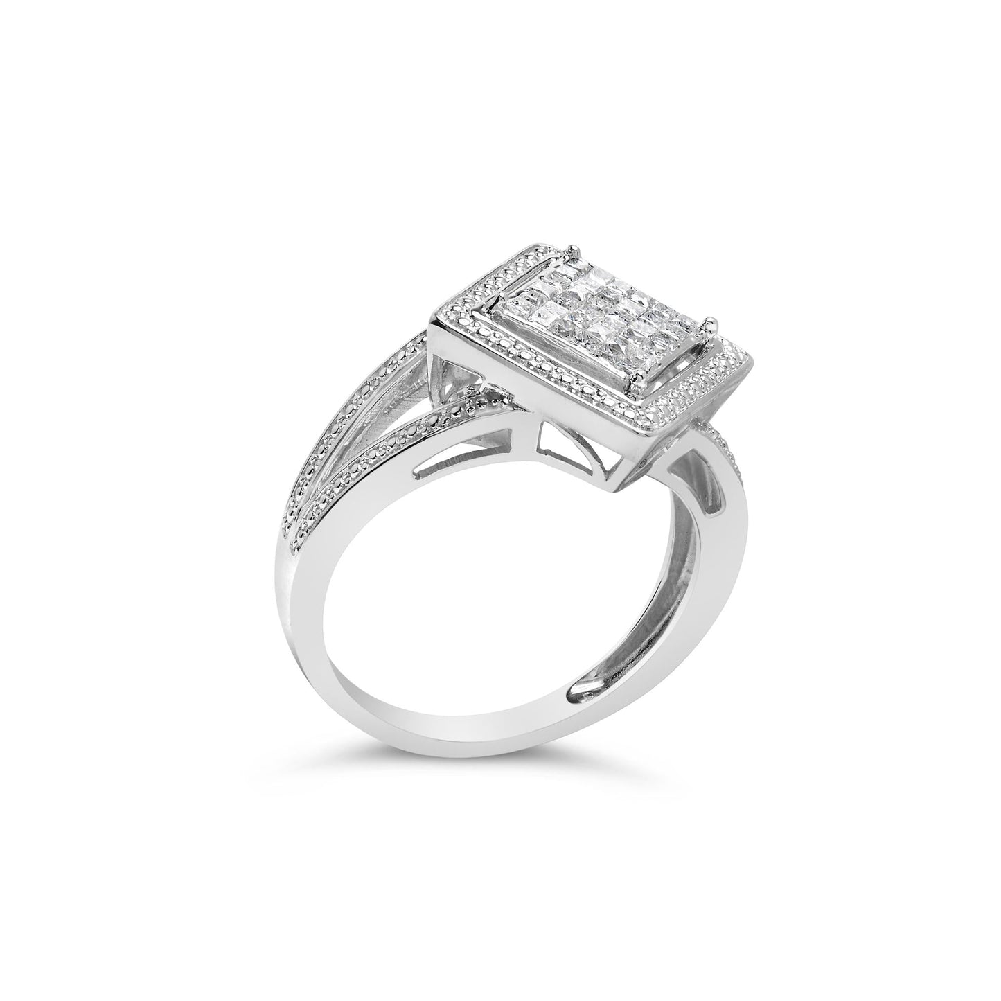 .925 Sterling Silver 1/3 Cttw Invisible Set Princess-Cut Diamond Rhombus and Beaded Halo Ring (H-I Color, SI1-SI2 Clarity)-3