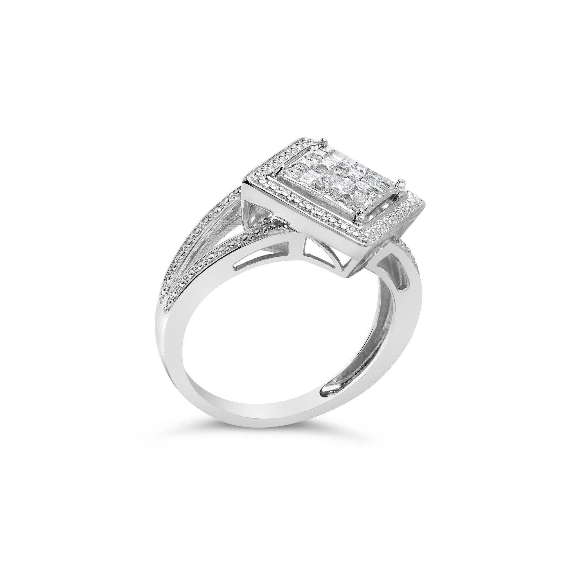 .925 Sterling Silver 1/3 Cttw Invisible Set Princess-Cut Diamond Rhombus and Beaded Halo Ring (H-I Color, SI1-SI2 Clarity)-3