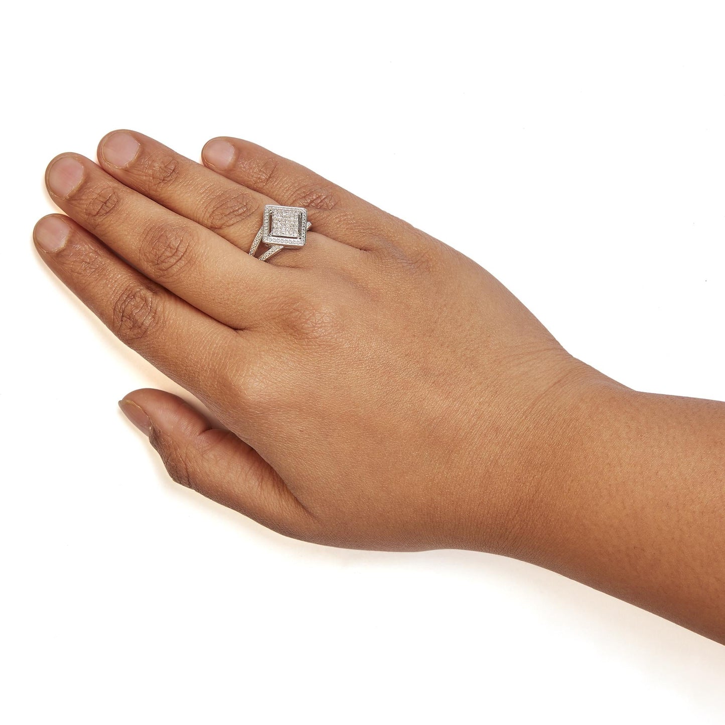 .925 Sterling Silver 1/3 Cttw Invisible Set Princess-Cut Diamond Rhombus and Beaded Halo Ring (H-I Color, SI1-SI2 Clarity)-2
