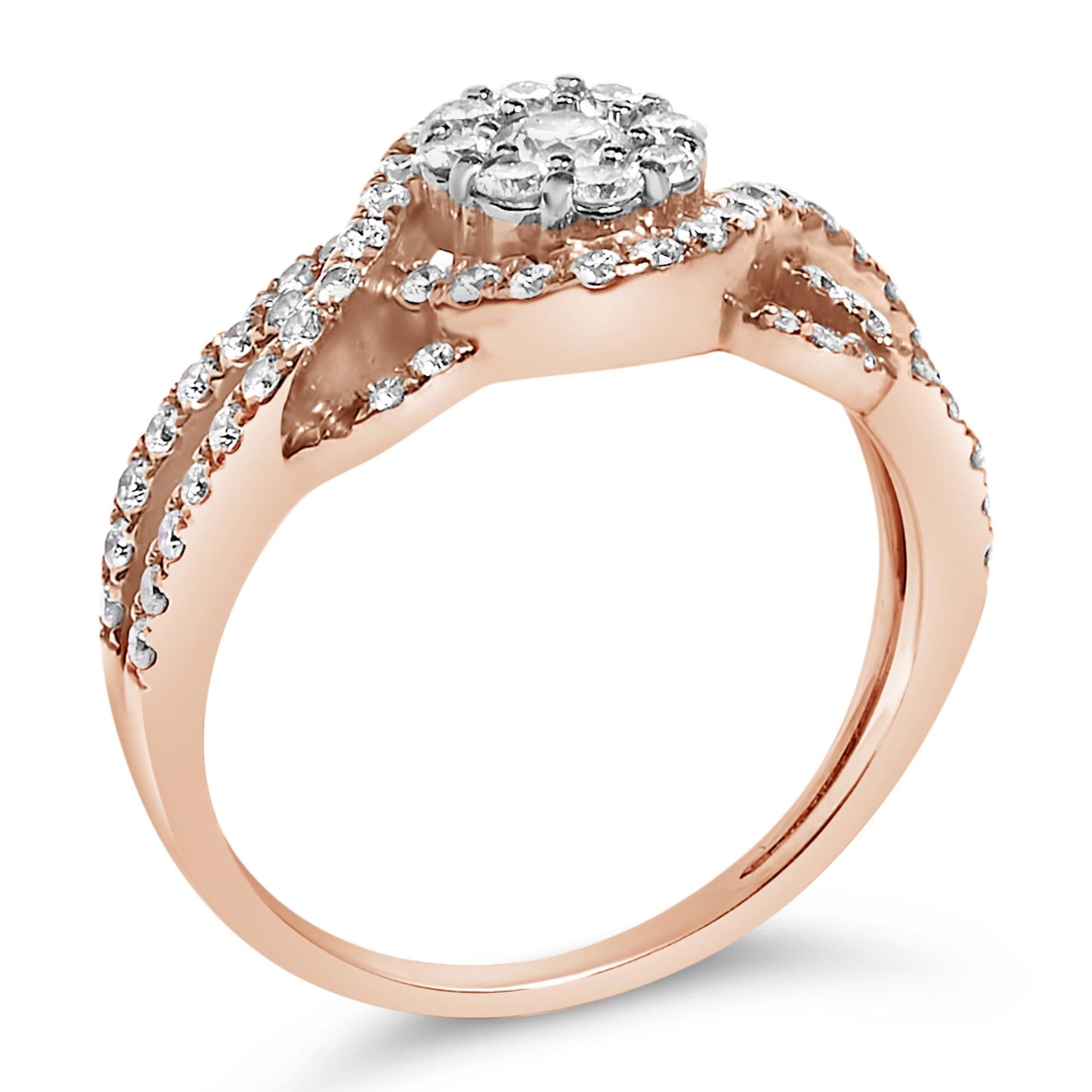 10K Rose Gold 3/4 Cttw Diamond Floral Cluster Head and Twisted Shank Cocktail  Ring (H-I Color, SI1-SI2 Clarity)--3