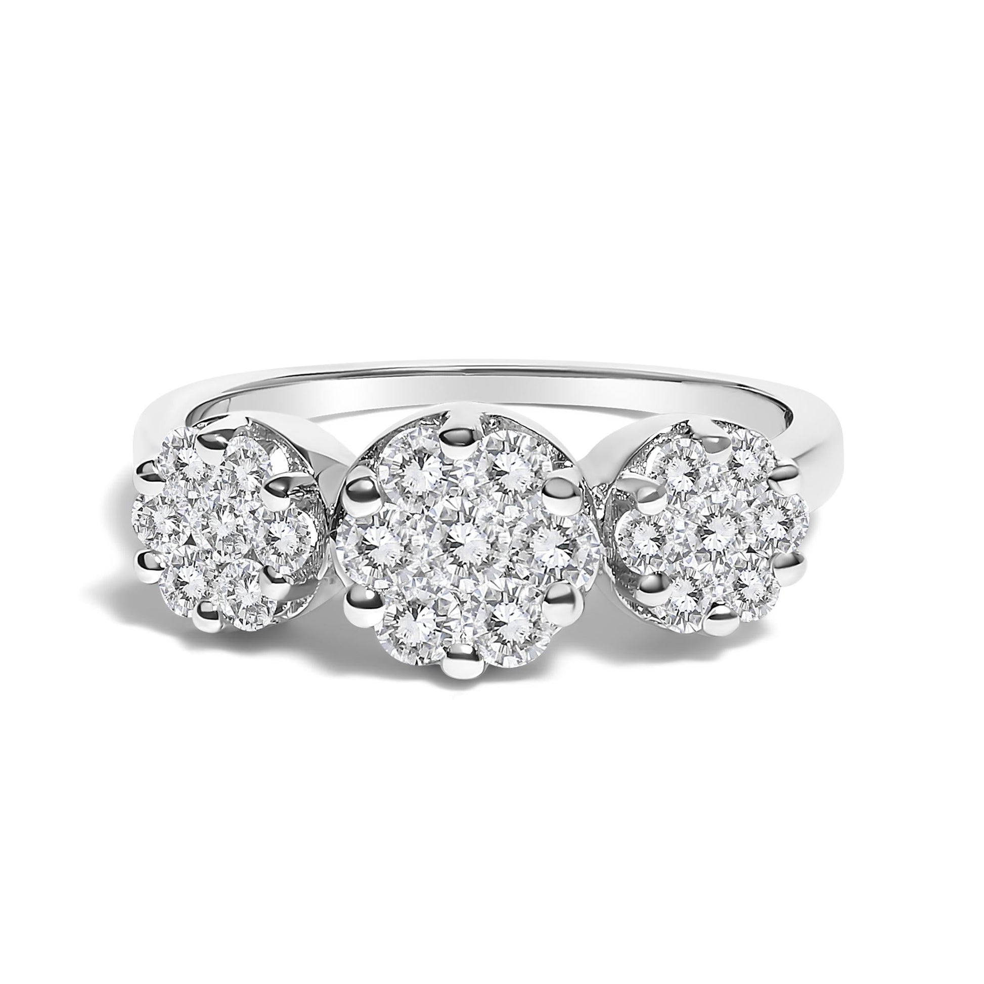 14K White Gold 1-1/4 Cttw Brilliant Cut Diamond Three Round Floral Clusters Engagement or Fashion Ring (H-I Color, SI2-I1 Clarity)-0