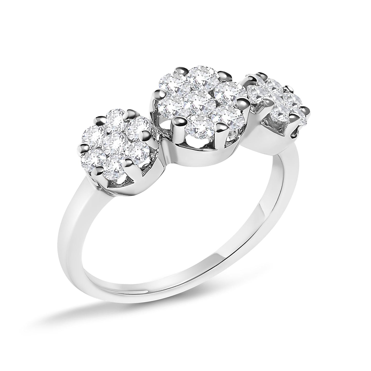 14K White Gold 1-1/4 Cttw Brilliant Cut Diamond Three Round Floral Clusters Engagement or Fashion Ring (H-I Color, SI2-I1 Clarity)-3